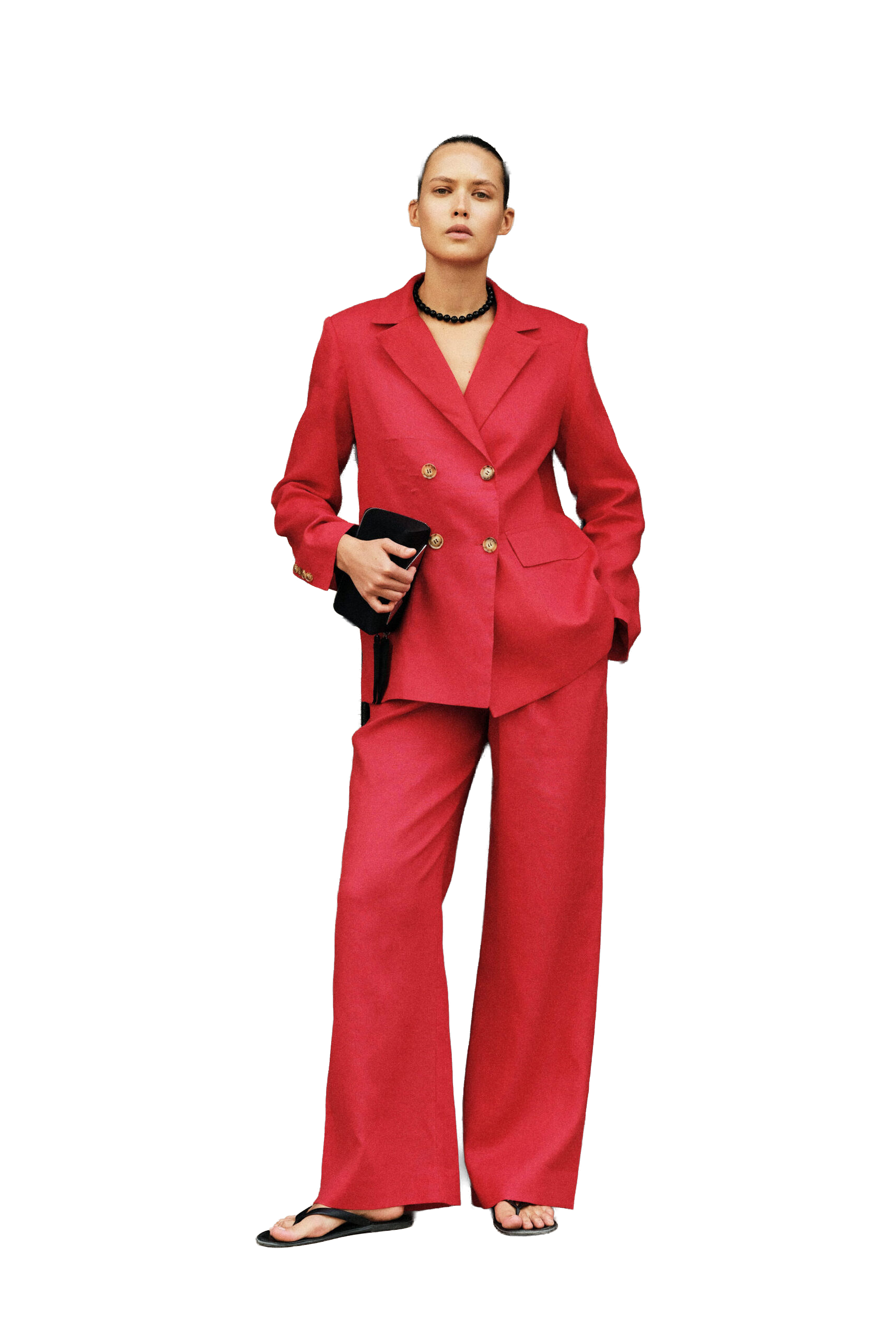 Lněné sako, AG STUDIO, prodává AG Studio, 414 $; Lněné kalhoty, AG STUDIO, prodává AG Studio, 180 $