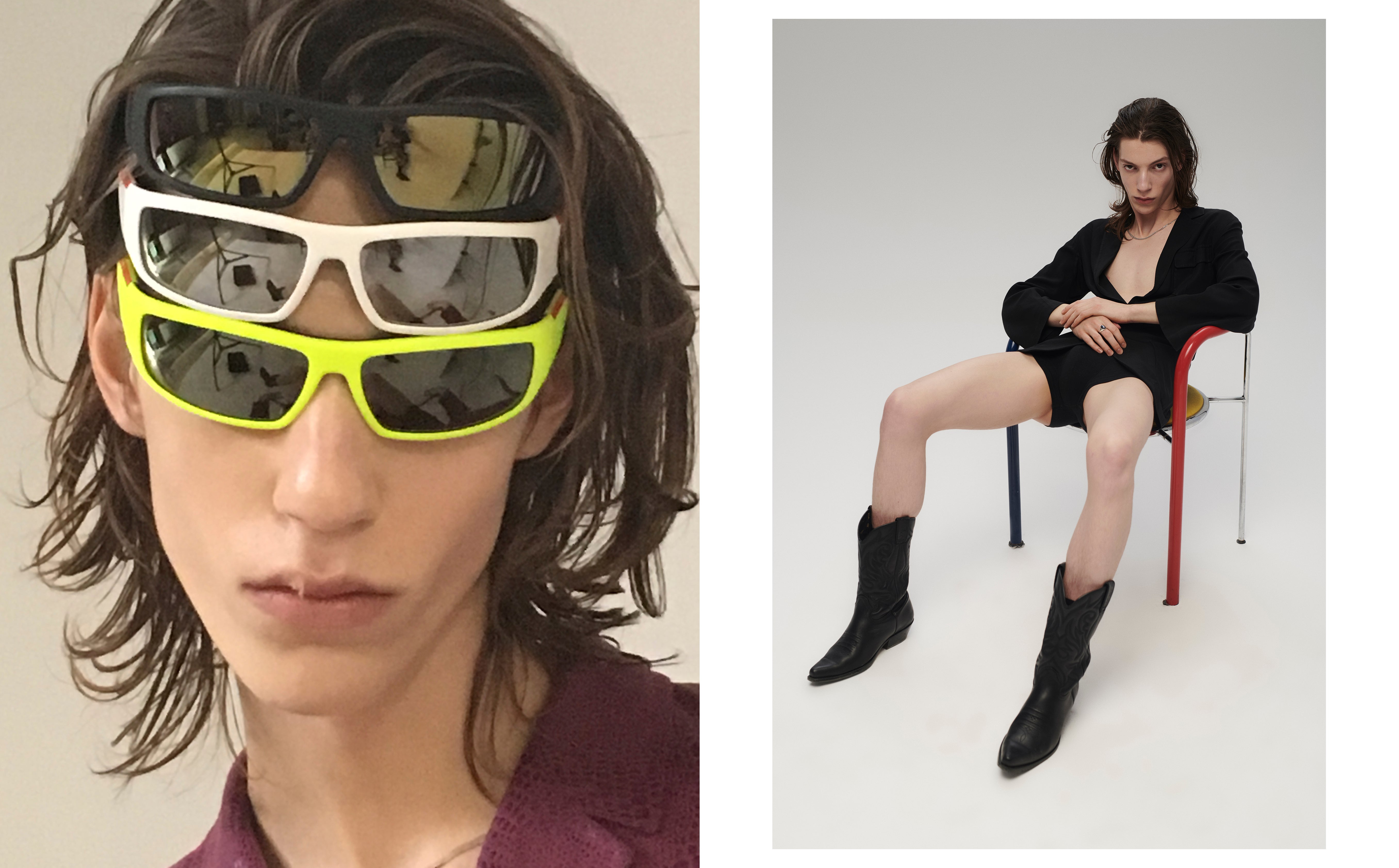 Vlevo: sako, VINTAGE; brýle, PRADA. Vpravo: sako, ANN DEMEULEMEESTER; šortky, CALVIN KLEIN; boty, JOE SANCHEZ Vlevo: sako, VINTAGE; brýle, PRADA. Vpravo: sako, ANN DEMEULEMEESTER; šortky, CALVIN KLEIN; boty, JOE SANCHEZ