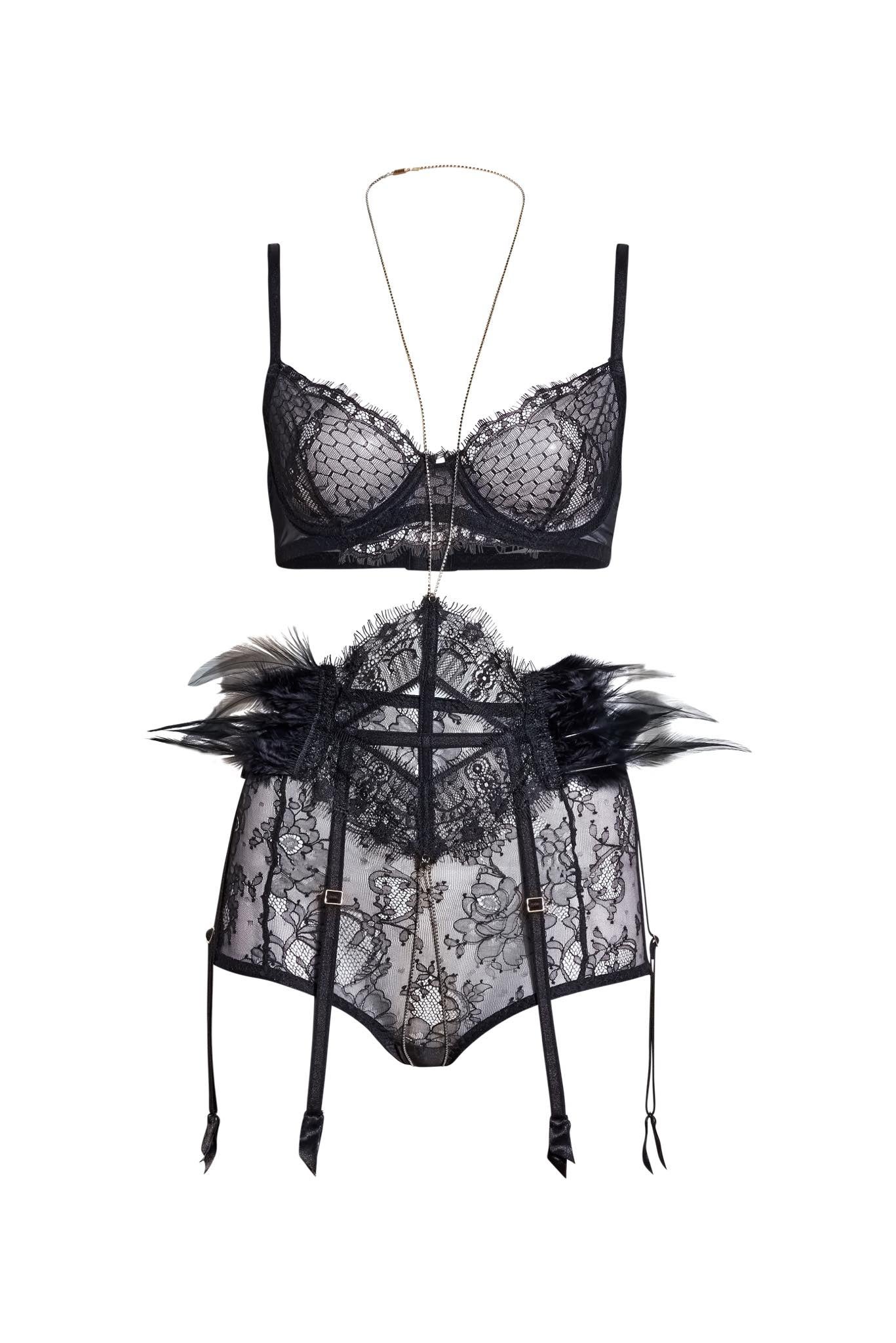 Komplet spodního prádla s krajkou a peřím z kolekce Libertines, Tereza Vu, prodává Tereza Vu, info o ceně u návrhářky