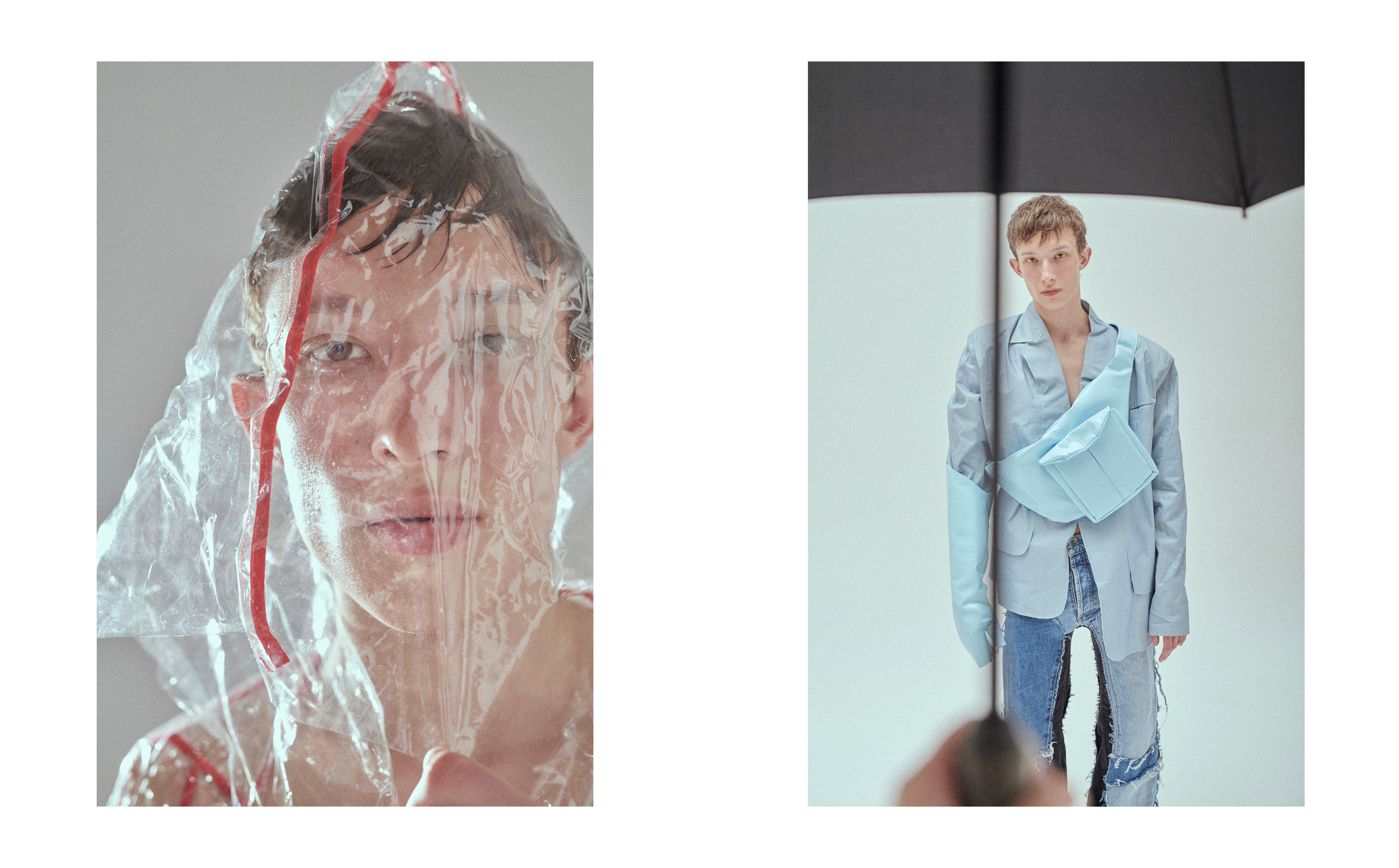 Vlevo: pláštěnka, Michal Szulc. Vpravo: sako, Michal Szulc; kalhoty, Agnieszka Dratwa x Floating Jeans; ledvinka, rukavice, obojí Robbers. Vlevo: pláštěnka, Michal Szulc. Vpravo: sako, Michal Szulc; kalhoty, Agnieszka Dratwa x Floating Jeans; ledvinka, rukavice, obojí Robbers.