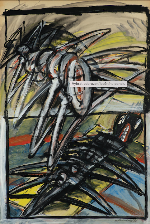 Jiří Načeradský, Zběsilé kudlanky, 1986, akryl, lepenka, sololit, soukromá sbírka