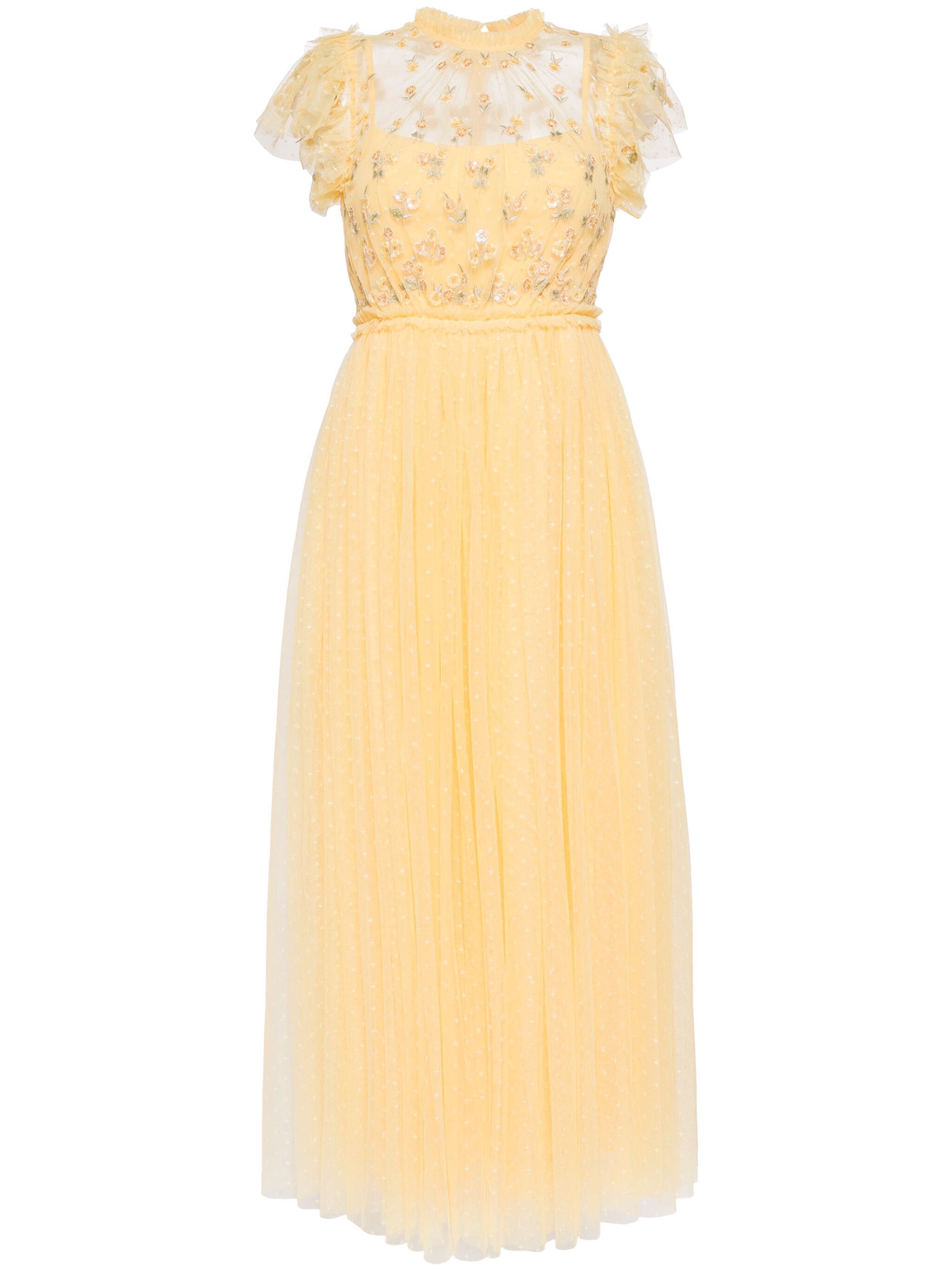 Žluté šaty ke kotníkům, NEEDLE & THREAD, prodává Farfetch, 520 €
