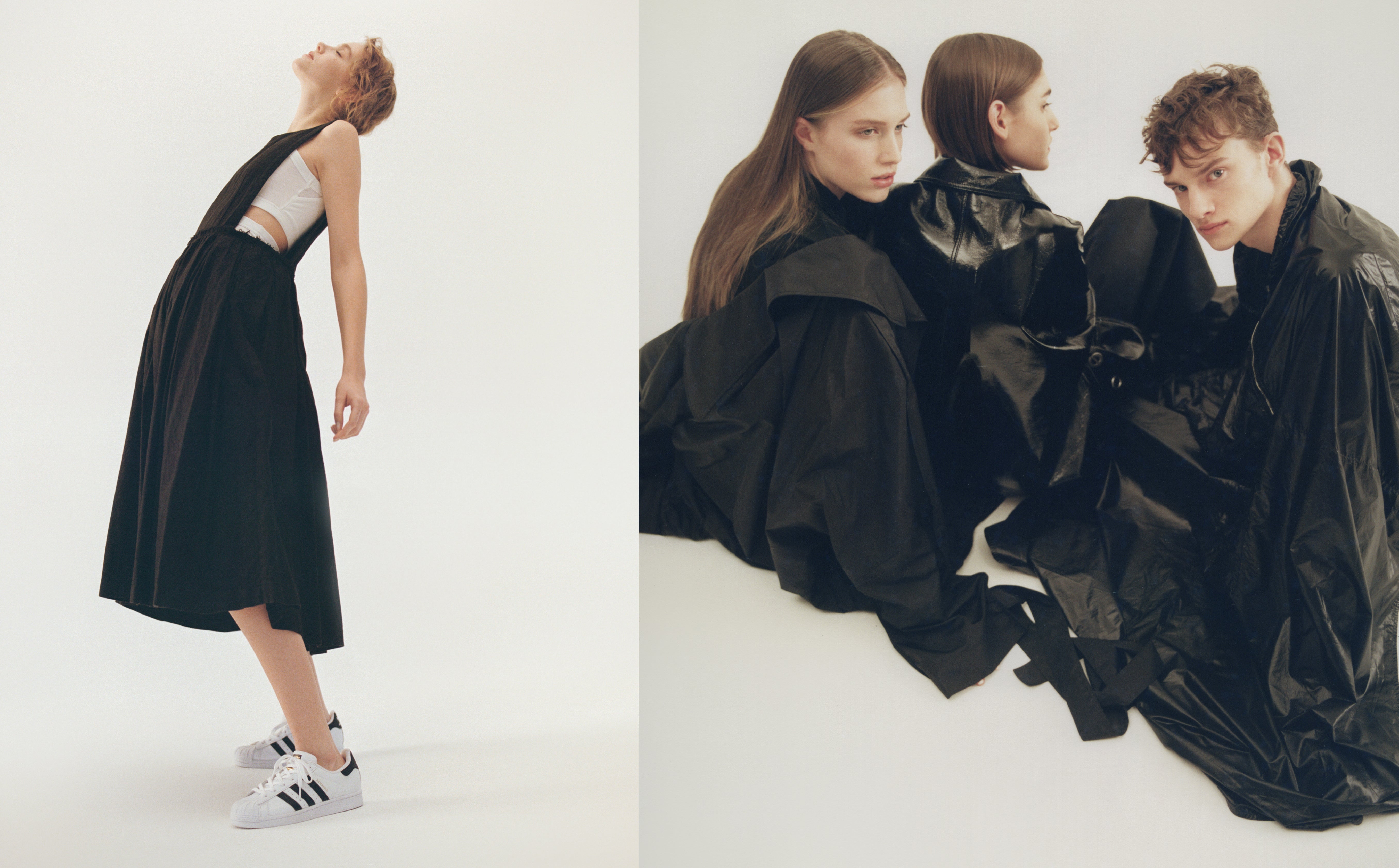 Vlevo: šaty, Comme des Garçons (prodává Therapy); podprsenka, Laformela; tenisky, adidas Superstar. Vpravo: Karolina, šaty, Hoppe (prodává Therapy); kabát, Zoltan Toth (prodává Red Salon). Adéla, kabát, Hoppe (prodává Therapy); sukně, Nehera. Matěj, pončo, Nehera. Vlevo: šaty, Comme des Garçons (prodává Therapy); podprsenka, Laformela; tenisky, adidas Superstar. Vpravo: Karolina, šaty, Hoppe (prodává Therapy); kabát, Zoltan Toth (prodává Red Salon). Adéla, kabát, Hoppe (prodává Therapy); sukně, Nehera. Matěj, pončo, Nehera.