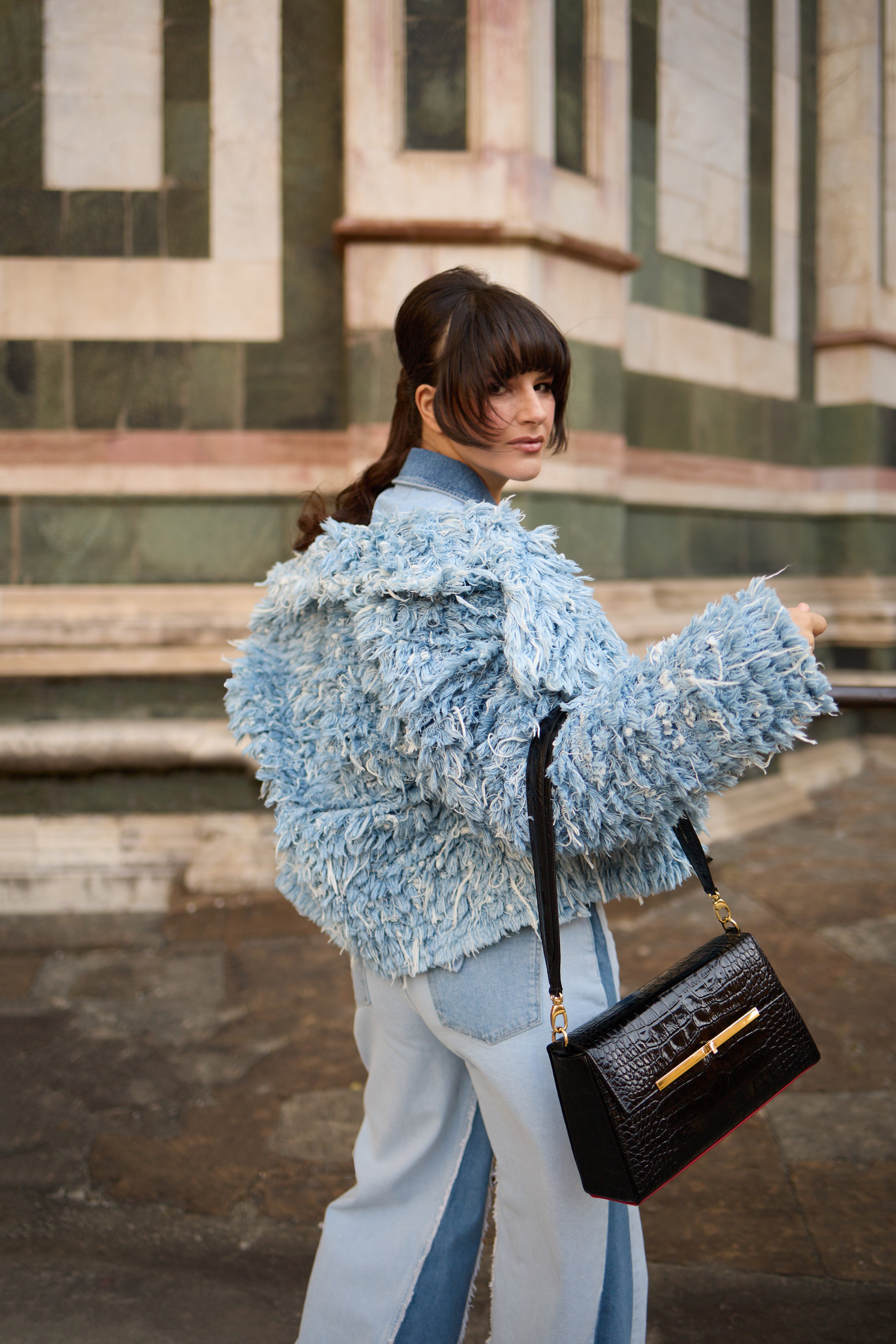 Denim trousers and ‘’faux fur’’ denim coat, KSENIASCHNAIDER; Black bag, Virag Kerenyi, Sandals, Fendi. Denim trousers and ‘’faux fur’’ denim coat, KSENIASCHNAIDER; Black bag, Virag Kerenyi, Sandals, Fendi.