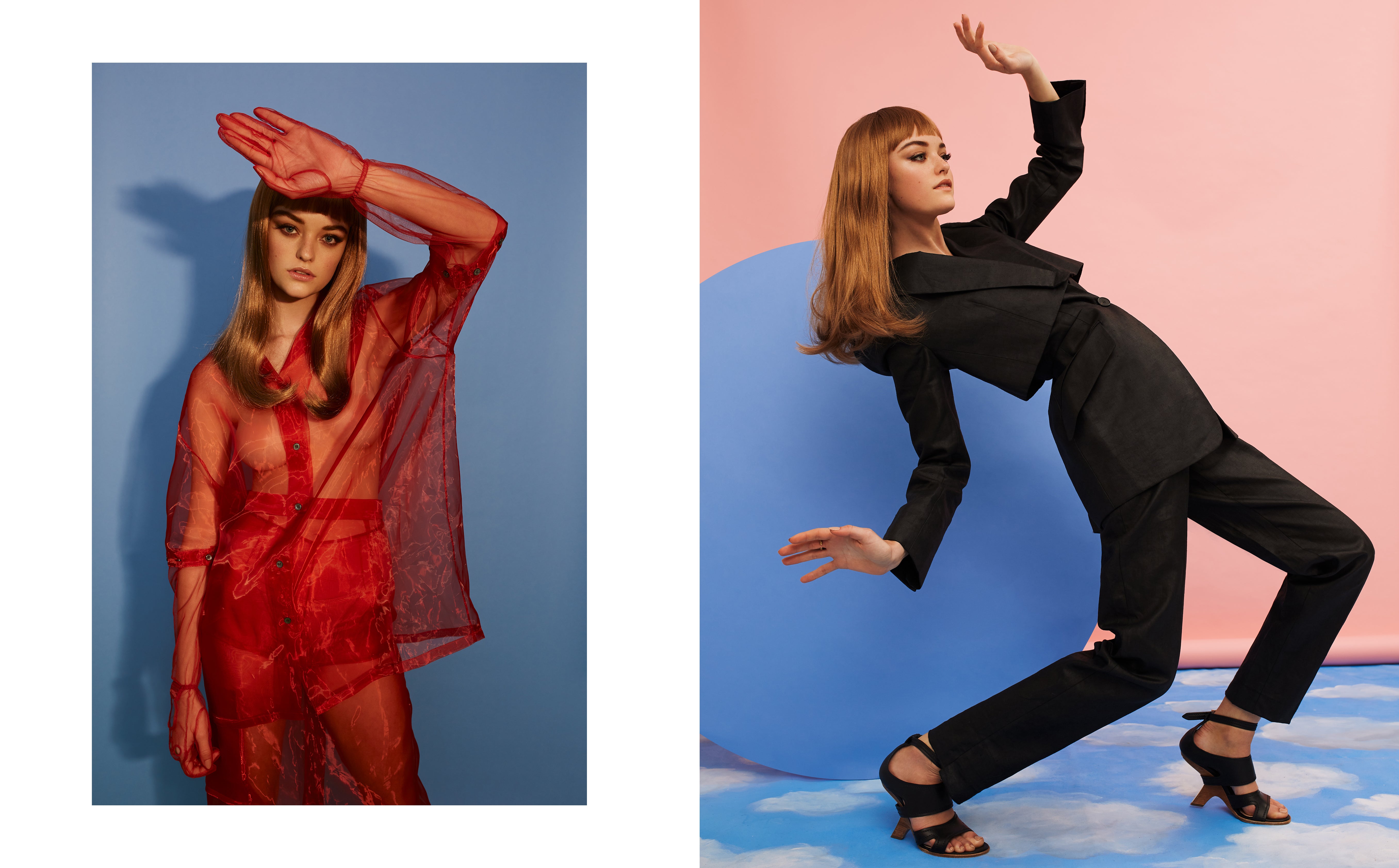 Vlevo: top, rukavice, šortky, sukně, vše Marco de Vincenzo. Vpravo: sako, vesta, kalhoty, boty, vše Alexander McQueen. Vlevo: top, rukavice, šortky, sukně, vše Marco de Vincenzo. Vpravo: sako, vesta, kalhoty, boty, vše Alexander McQueen.