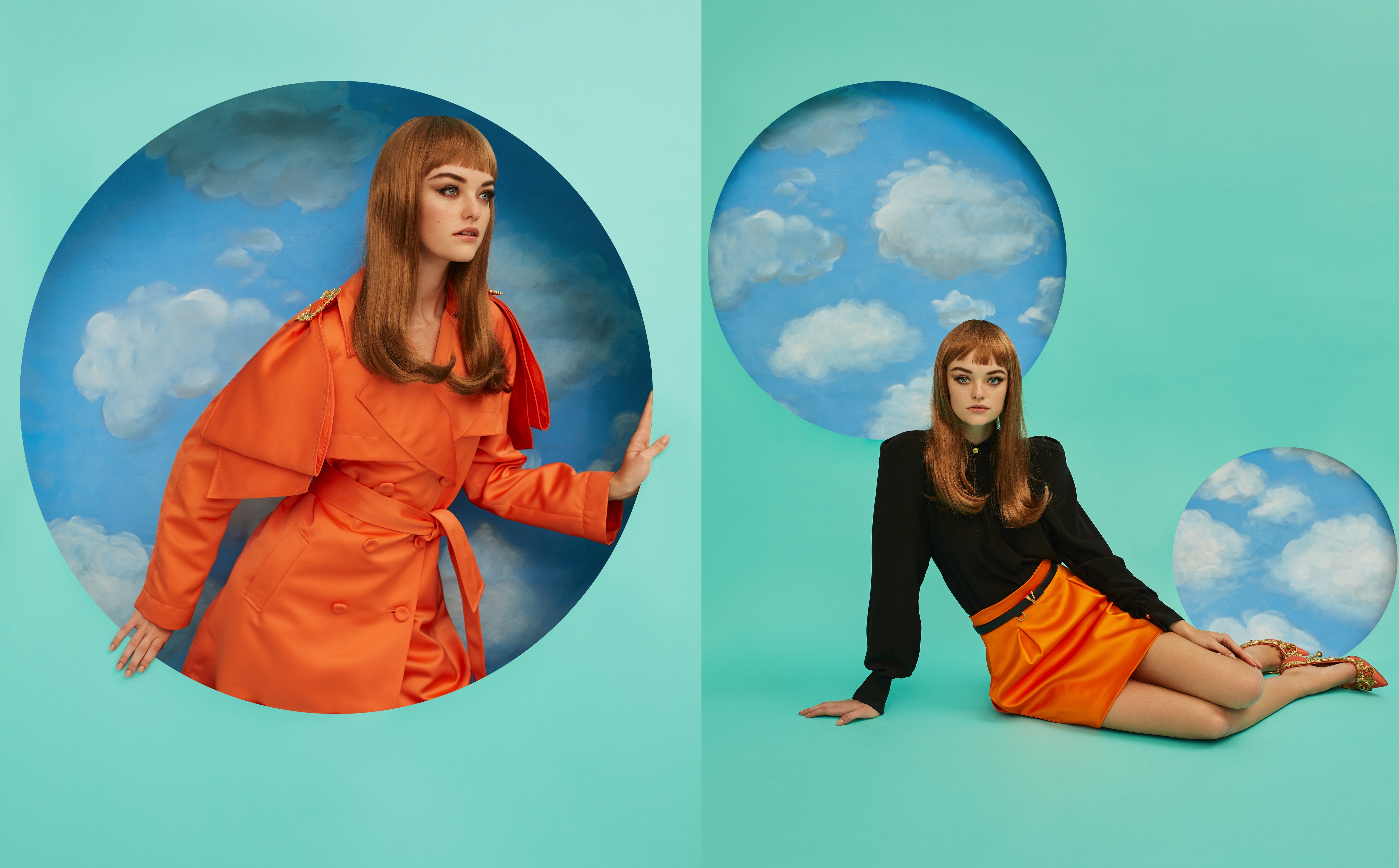 Vlevo: kabát, Moschino. Vpravo: top, košile, sukně, pásek, vše Versace; boty, Moschino. Vlevo: kabát, Moschino. Vpravo: top, košile, sukně, pásek, vše Versace; boty, Moschino.