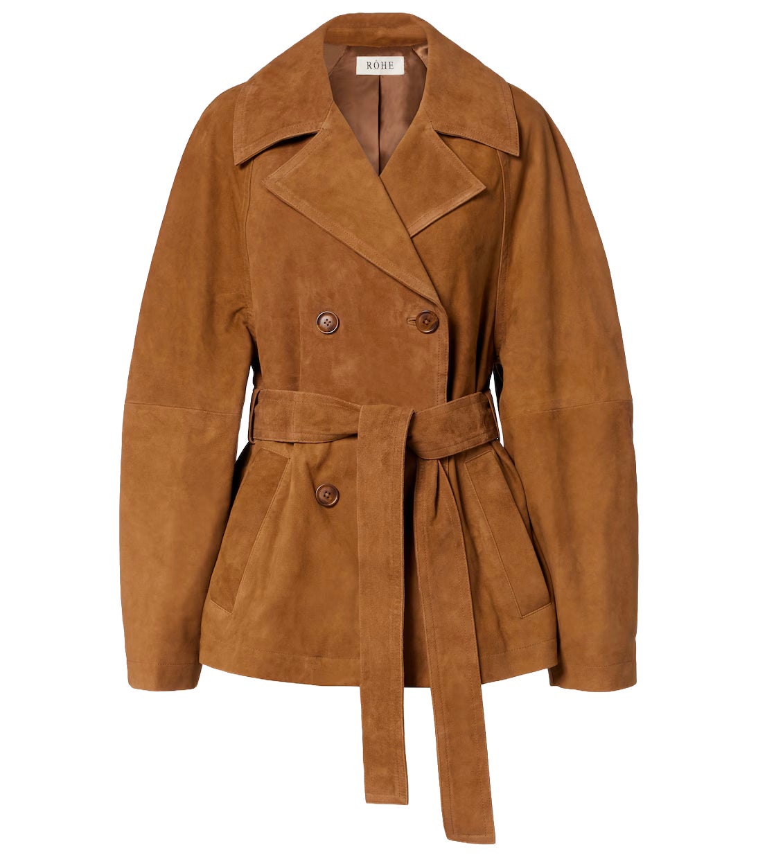 Semišová bunda s vázáním v pase, ROHE, prodává Mytheresa, 950 €