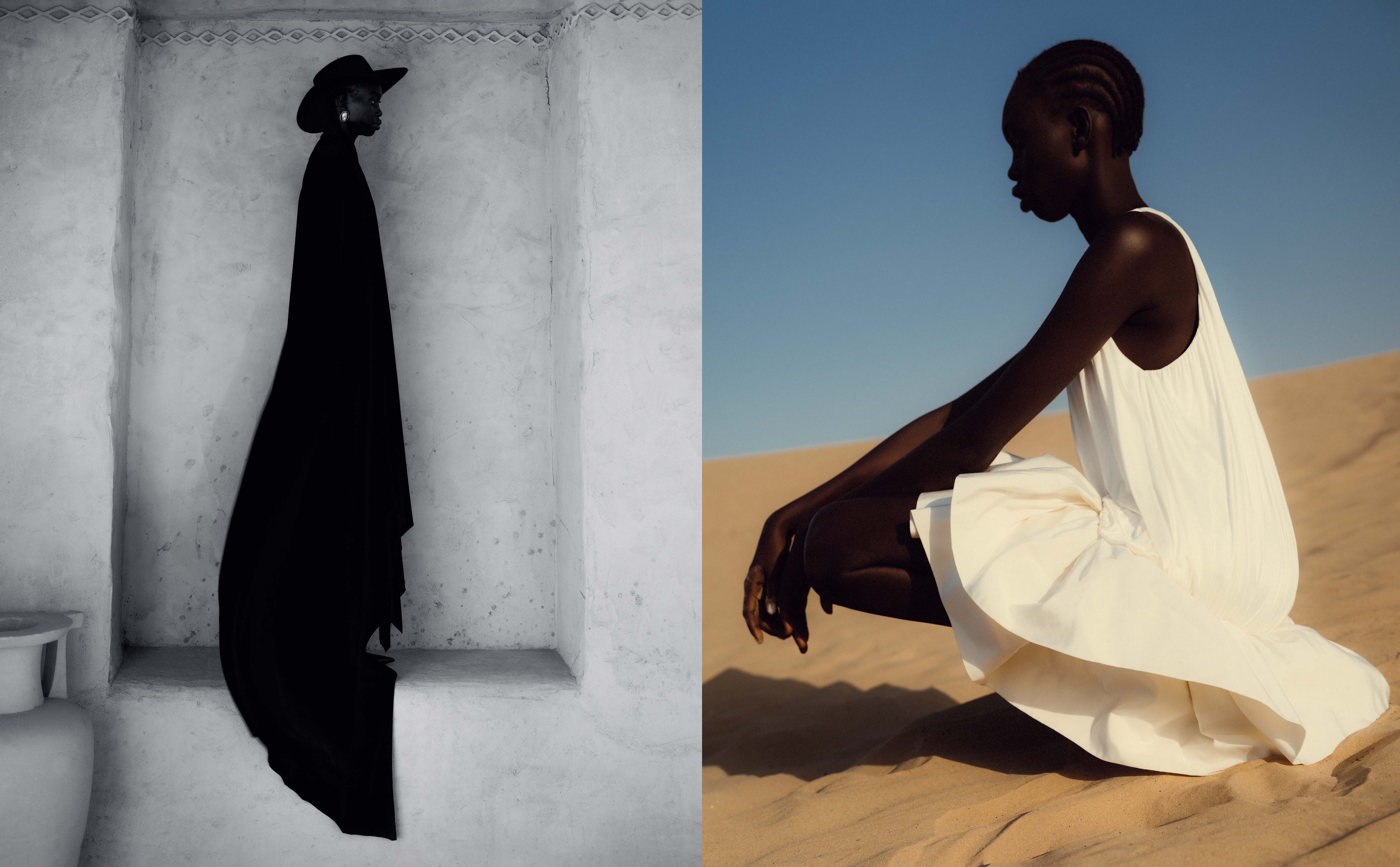 Vlevo: Šaty, BALENCIAGA; náušnice, ELISABETTA FRANCHI; klobouk, KRISTINA FIDELSKAYA; Vpravo: Šaty, LOEWE Vlevo: Šaty, BALENCIAGA; náušnice, ELISABETTA FRANCHI; klobouk, KRISTINA FIDELSKAYA; Vpravo: Šaty, LOEWE