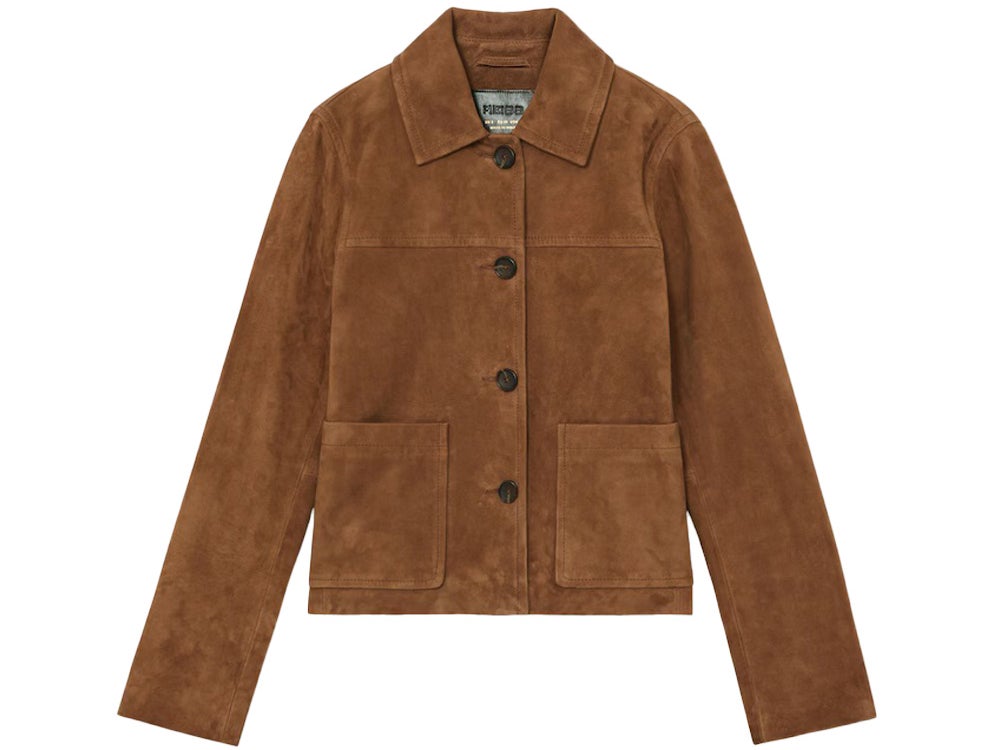 Semišová bunda s našitými kapsami ve světle hnědé barvě, REISS, 13 560 Kč