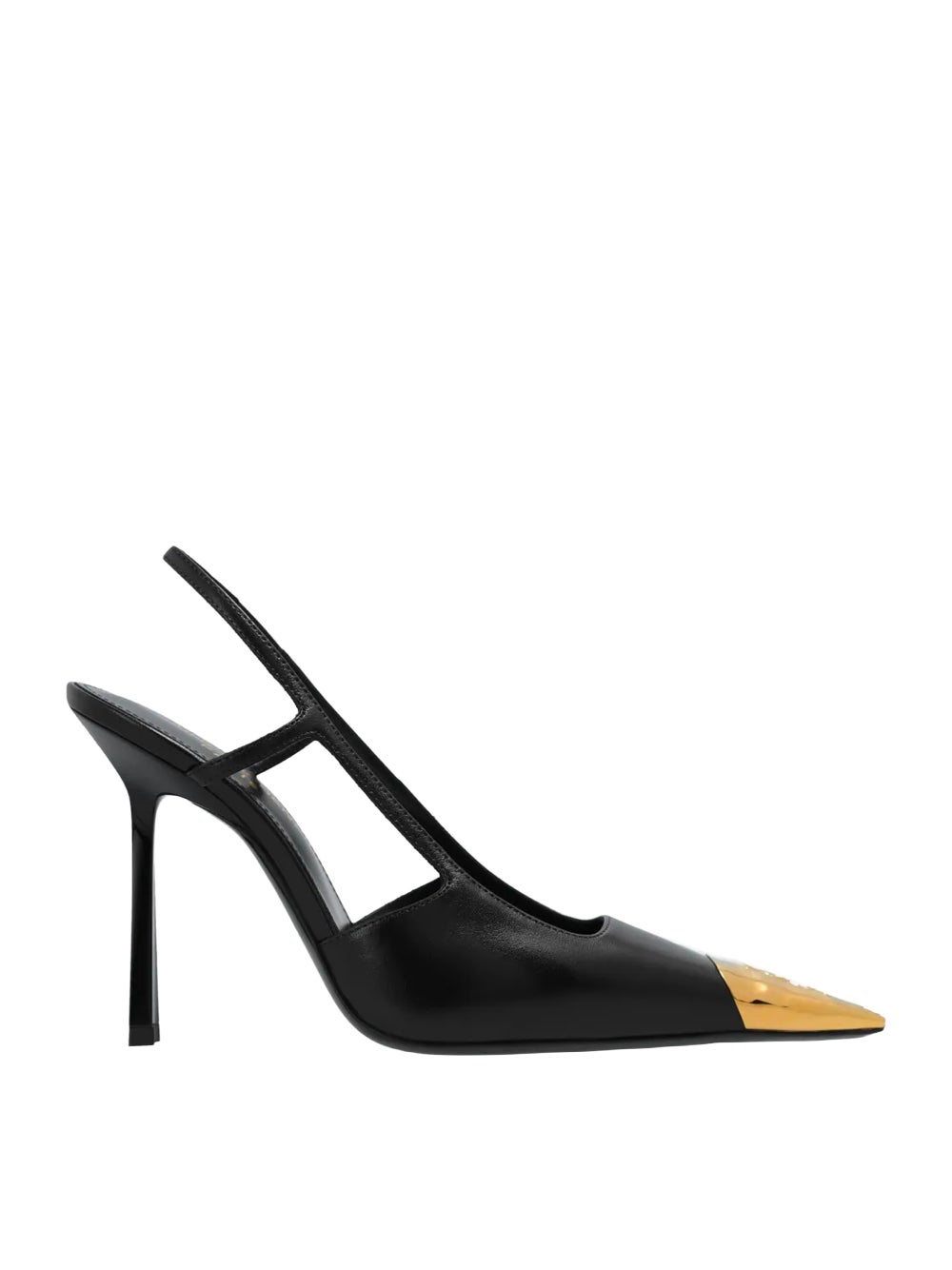Černé lodičky s otevřenou patou a zlatou špičkou, SAINT LAURENT, 1 200 €