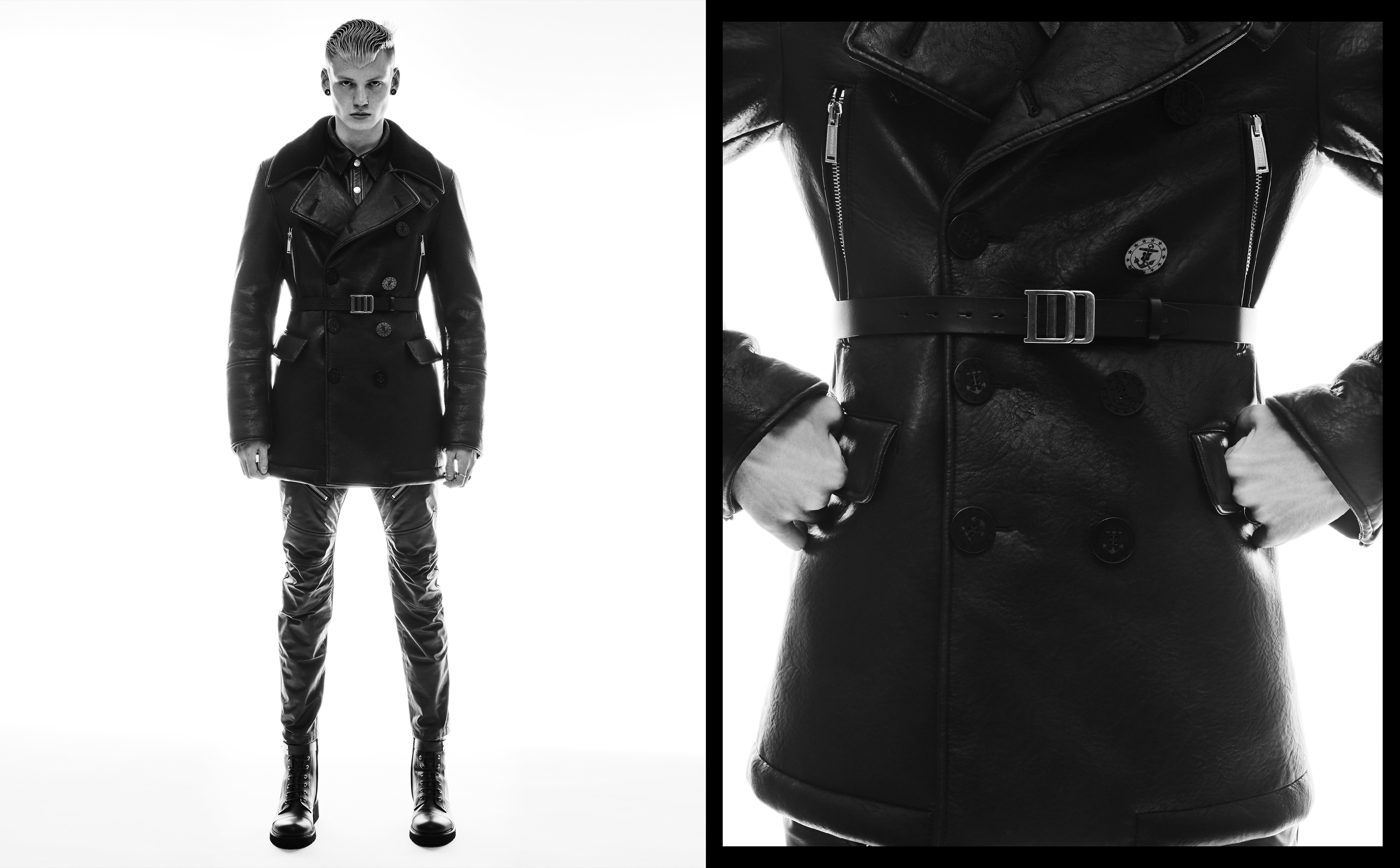 Vlevo: kabát, Dsquared2; košile, Acne Studios; kalhoty, Dsquared2; pásek, Diesel; boty, Giuseppe Zanotti. Vpravo: kabát, Dsquared2; košile, Acne Studios; kalhoty, Dsquared2; pásek, Diesel; prsteny, Vintage. Vlevo: kabát, Dsquared2; košile, Acne Studios; kalhoty, Dsquared2; pásek, Diesel; boty, Giuseppe Zanotti. Vpravo: kabát, Dsquared2; košile, Acne Studios; kalhoty, Dsquared2; pásek, Diesel; prsteny, Vintage.