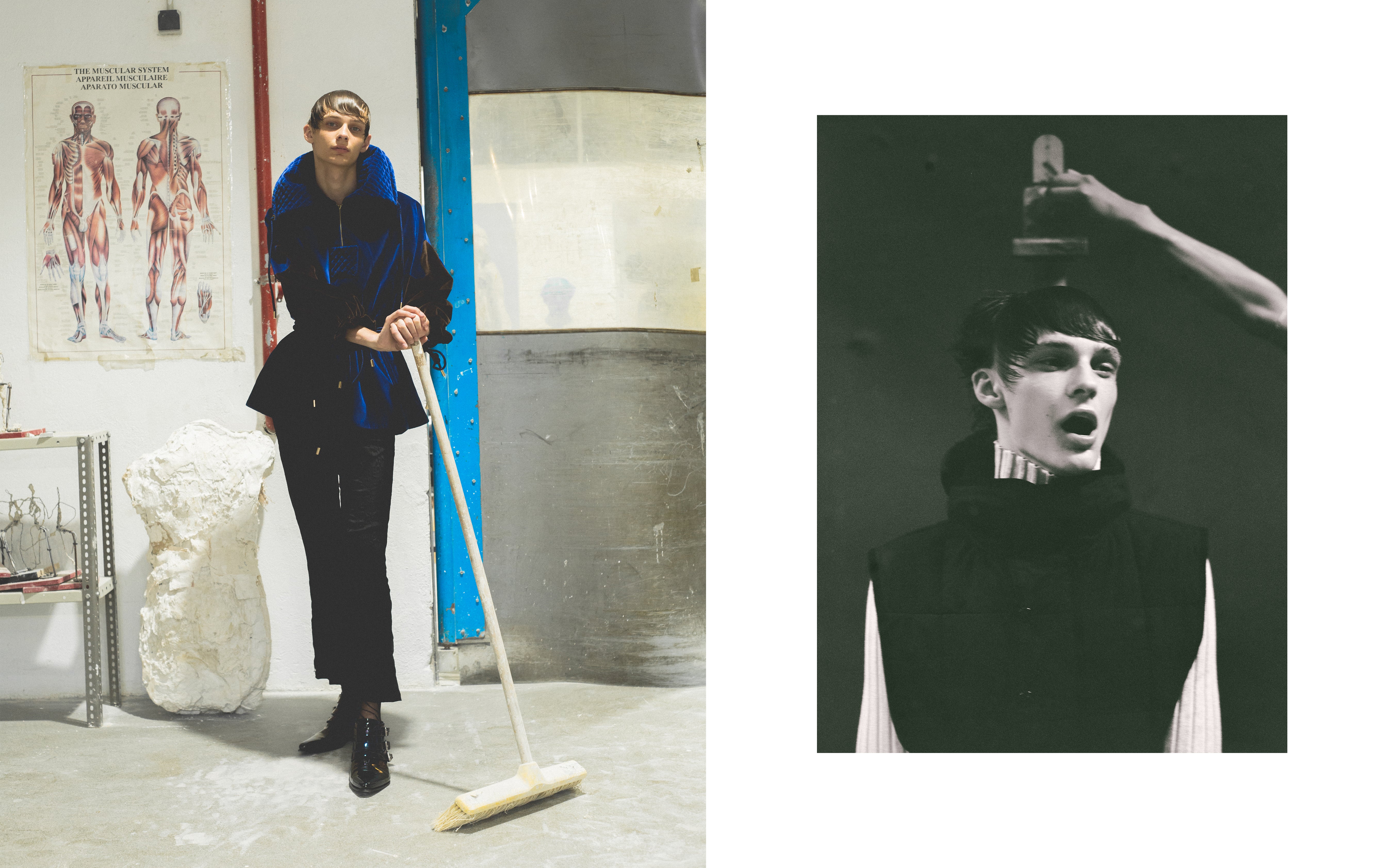 Vlevo: sako, Palomo Spain; kalhoty, Peet Dullaert; boty, Givenchy. Vpravo: svetr, vesta, obojí Dries Van Noten. Vlevo: sako, Palomo Spain; kalhoty, Peet Dullaert; boty, Givenchy. Vpravo: svetr, vesta, obojí Dries Van Noten.