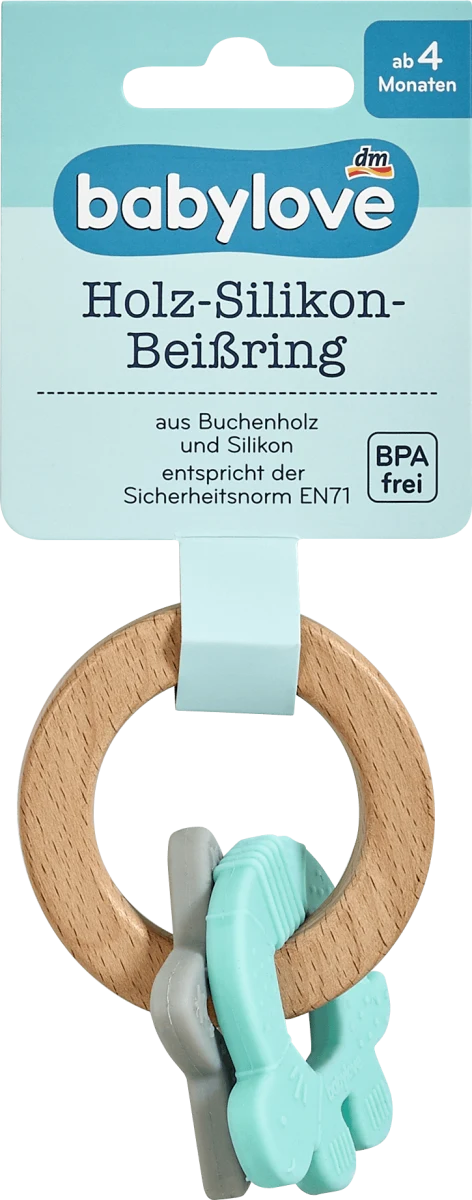 Na zoubky: Speciálně navržené kousátko pomáhá zklidnit citlivé dásně miminek v období prořezávání zoubků. Splňuje přísné bezpečnostní normy, je vyrobeno z kvalitního a bezpečného materiálu bez obsahu škodlivého bisfenolu A. Svým tvarem perfektně padne do dětských ručiček. Je vhodné pro děti od 4. měsíce. Dřevěné kousátko se silikonovými kroužky, BABYLOVE, prodává DM, 169 Kč