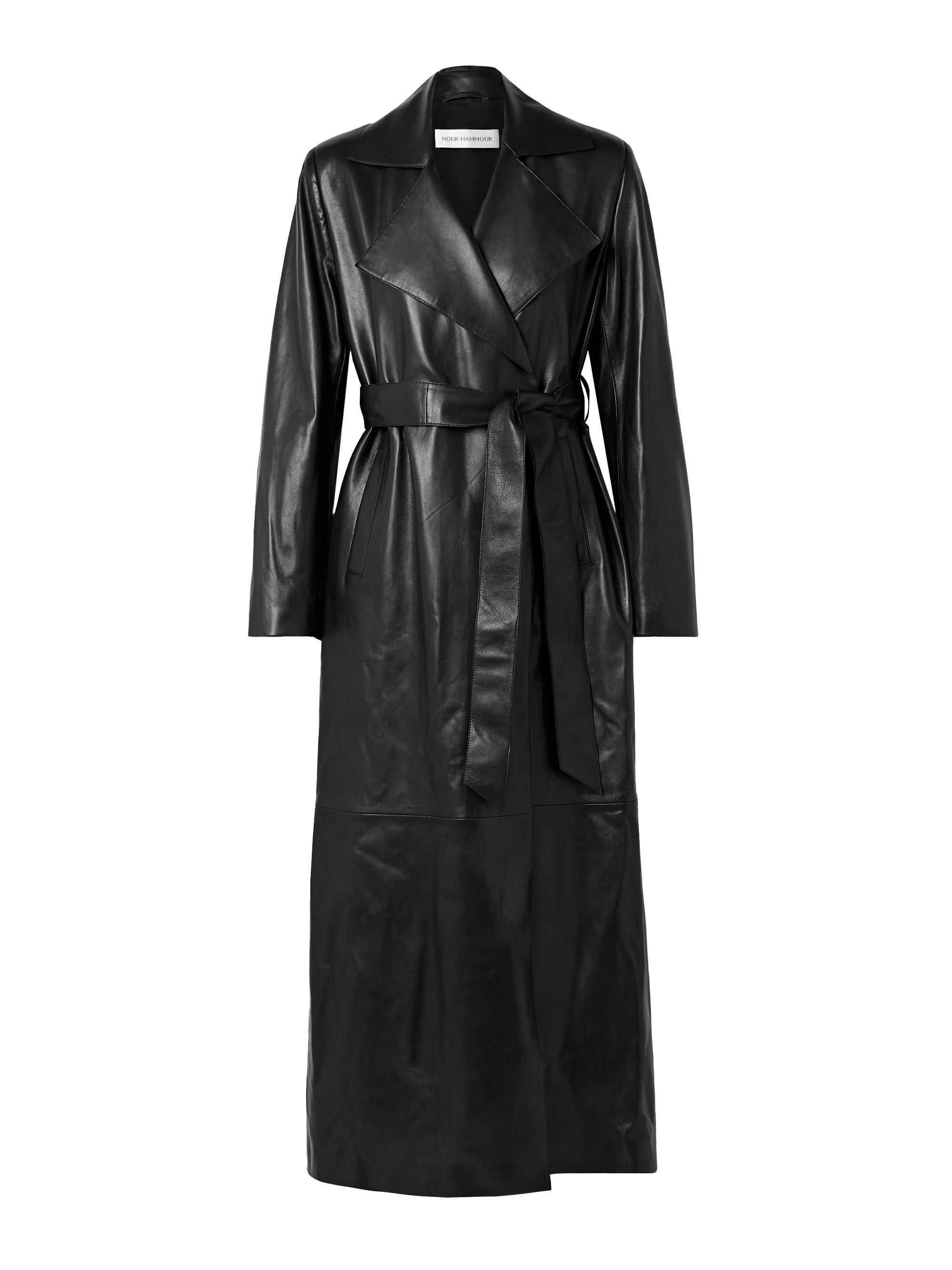 Kožený trenčkot s páskem, NOUR HAMMOUR, prodává Net-a-Porter, 3 000 €