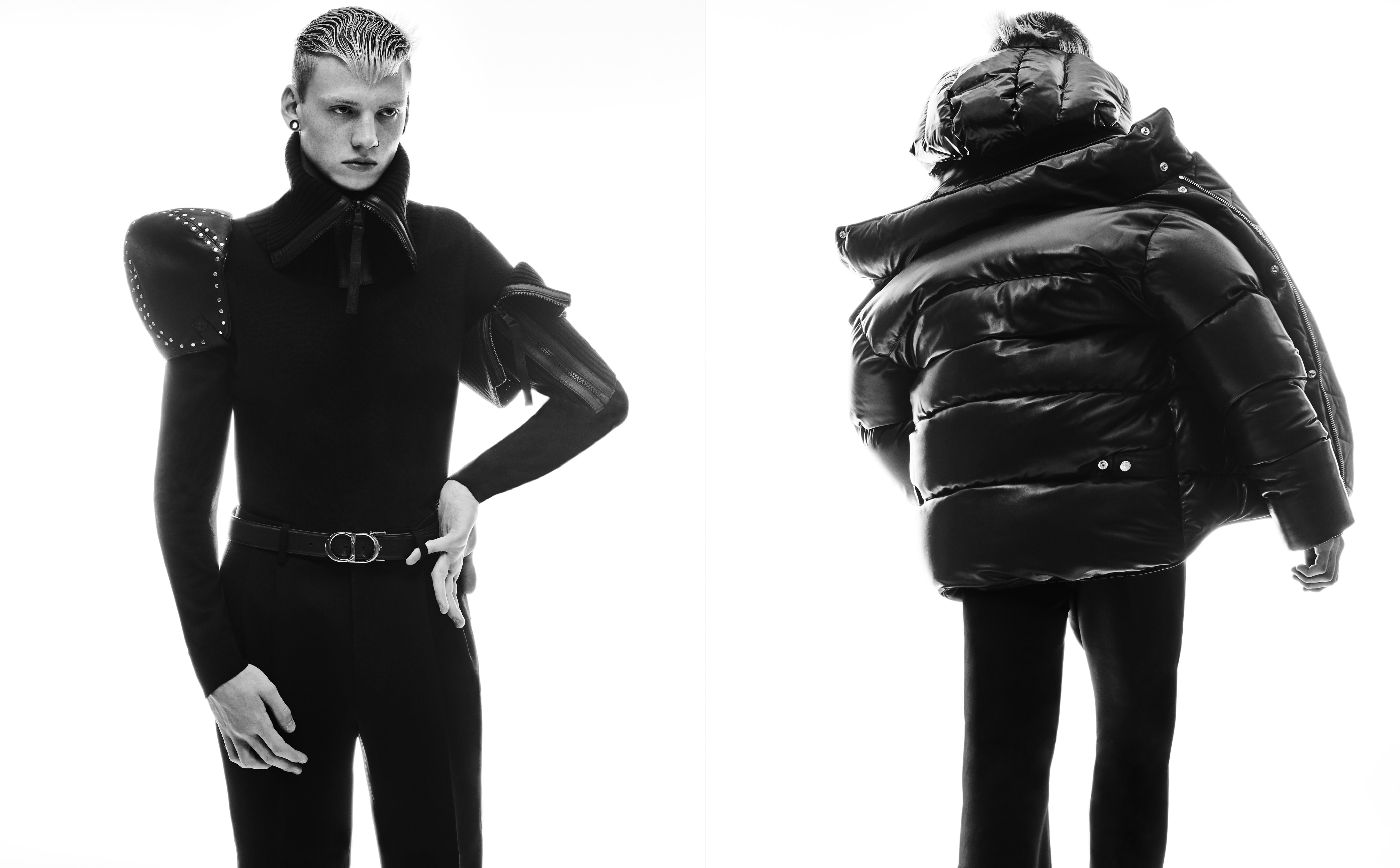 Vlevo: _ rolák, Dsquared2; kšiltovka, Loewe; kalhoty, Alexander McQueen; pásek, Dior; límeček, Reebok x Victoria Beckham. Vpravo: bunda, Balmain; kalhoty_, Alexander McQueen. Vlevo: _ rolák, Dsquared2; kšiltovka, Loewe; kalhoty, Alexander McQueen; pásek, Dior; límeček, Reebok x Victoria Beckham. Vpravo: bunda, Balmain; kalhoty_, Alexander McQueen.