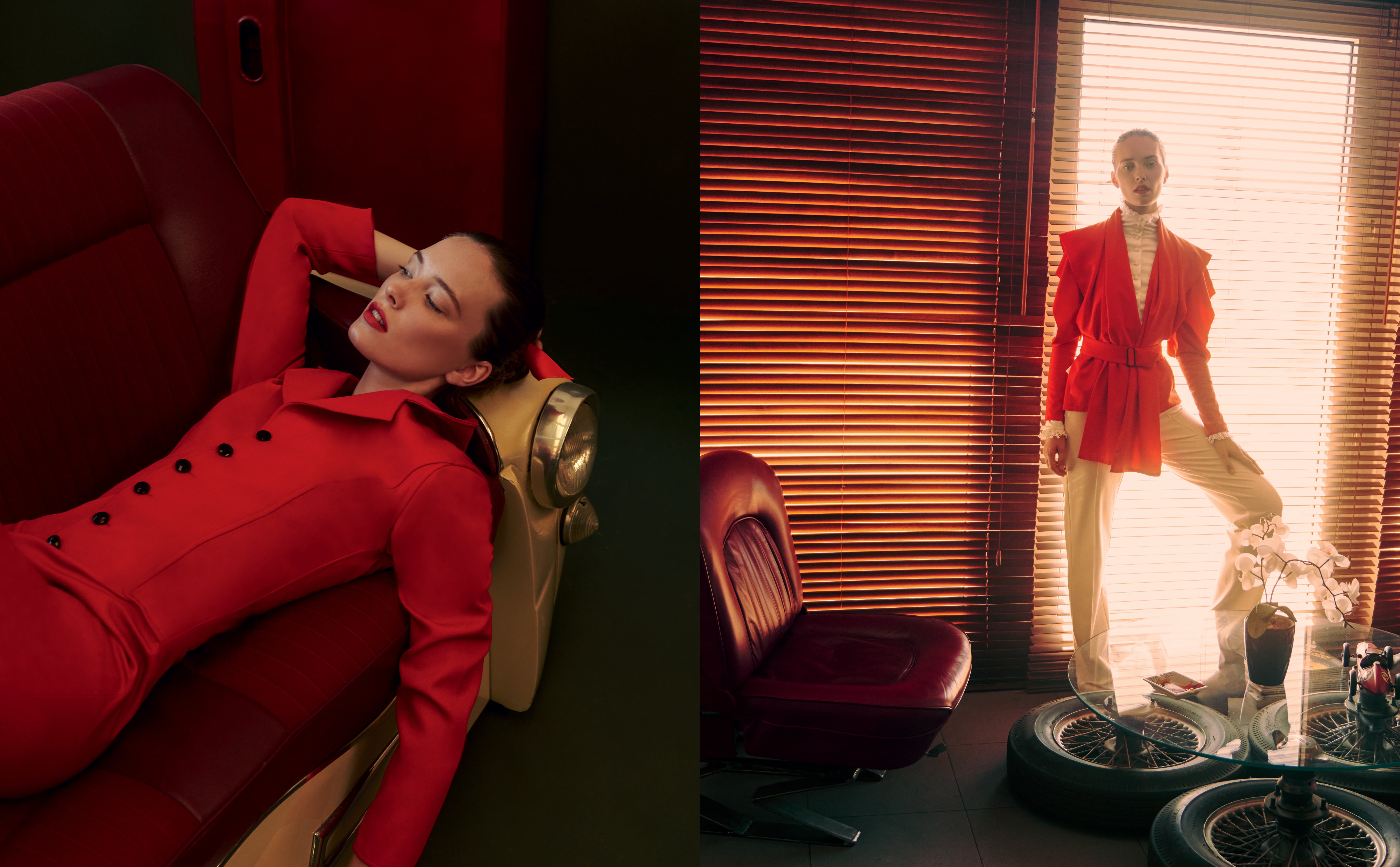 Vlevo: šaty, UNGARO. Vpravo: košile a kalhoty, obojí VALENTINO; sako, MUGLER. Vlevo: šaty, UNGARO. Vpravo: košile a kalhoty, obojí VALENTINO; sako, MUGLER.