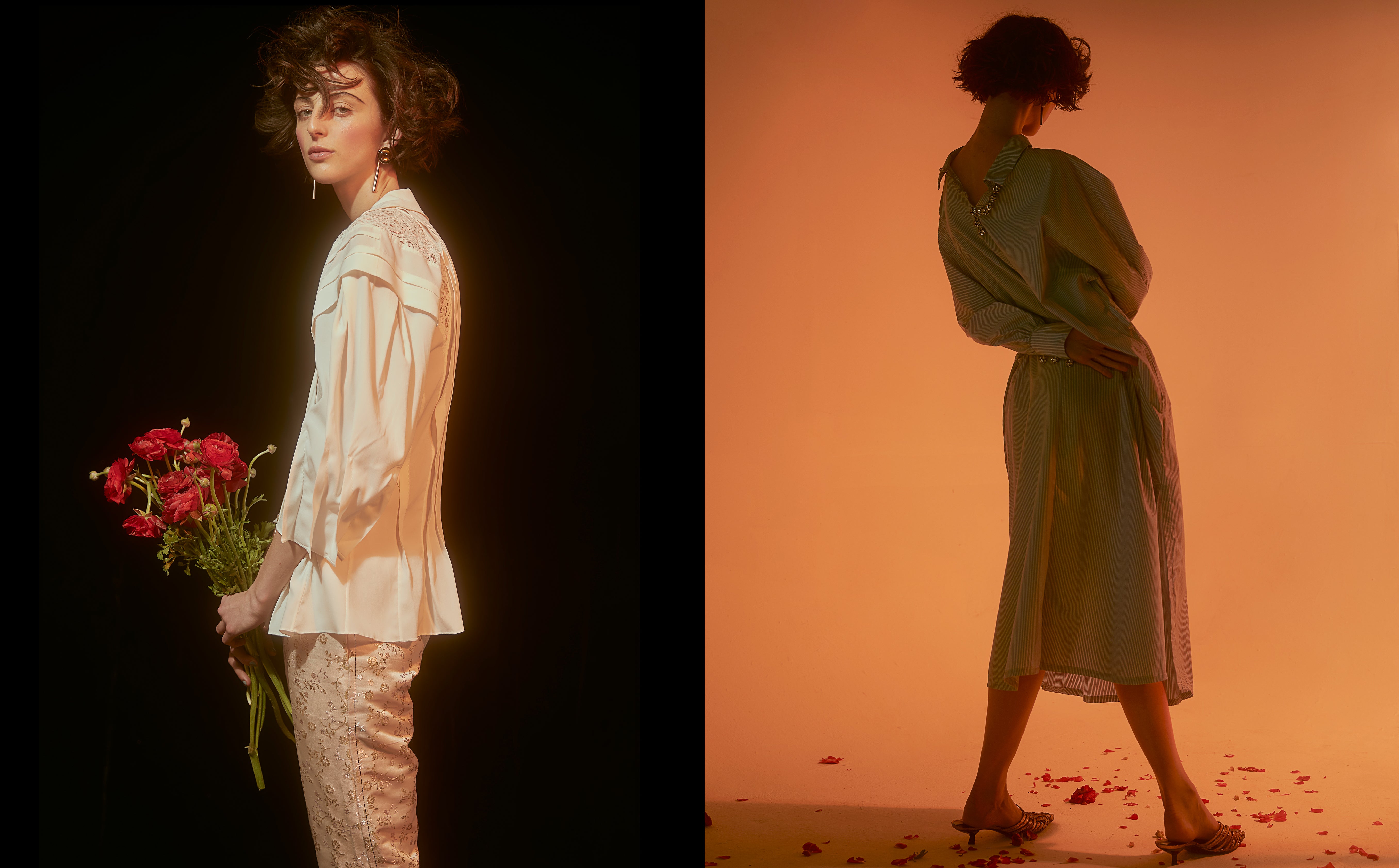 Vlevo: halenka, CHLOÉ, kalhoty, MARNI; vpravo: šaty, ROMANCE WAS BORN, boty, stylistky vlastní Vlevo: halenka, CHLOÉ, kalhoty, MARNI; vpravo: šaty, ROMANCE WAS BORN, boty, stylistky vlastní