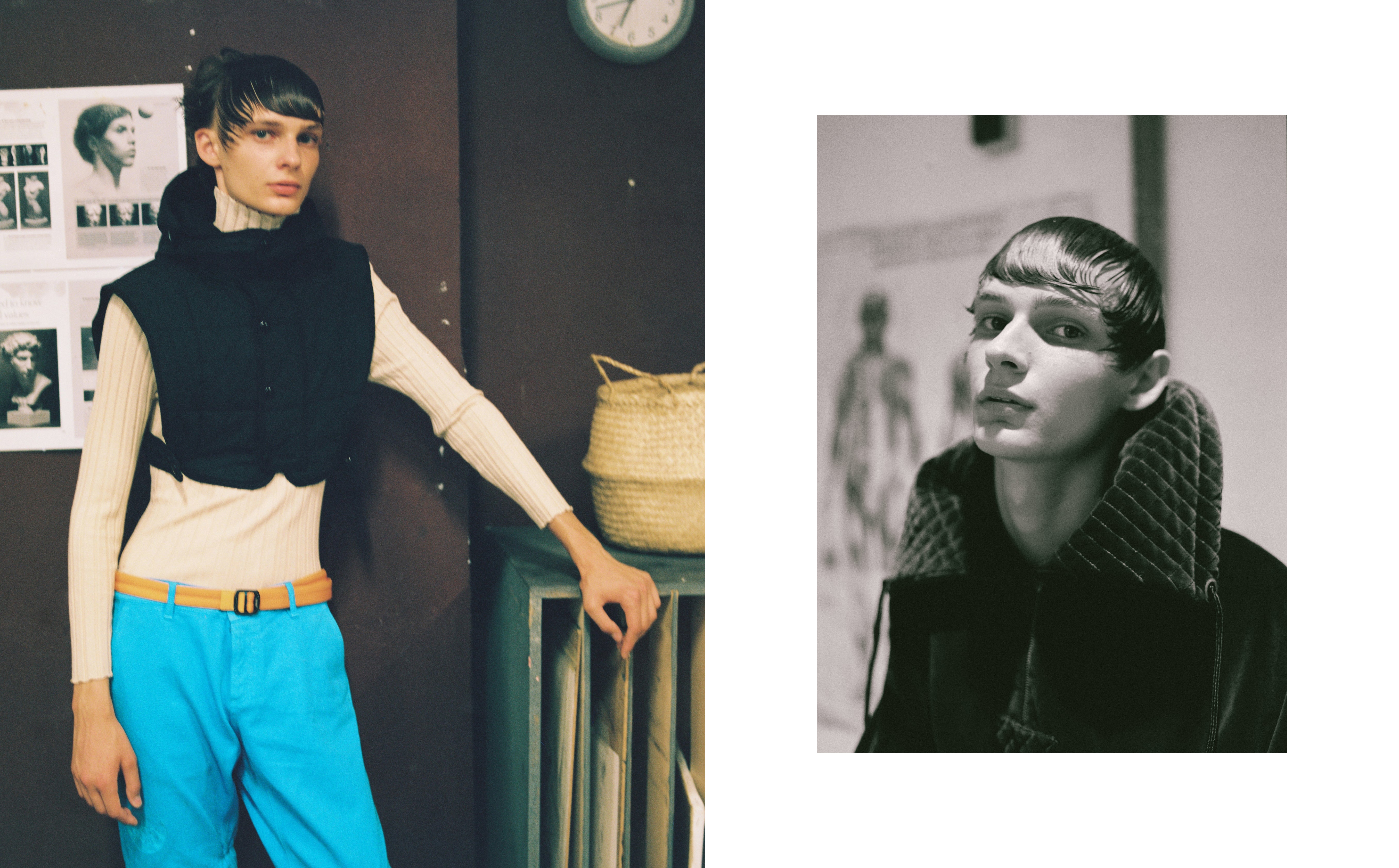 Vlevo: svetr, vesta, obojí Dries Van Noten; kalhoty, Kenzo. Vpravo: sako, Palomo Spain. Vlevo: svetr, vesta, obojí Dries Van Noten; kalhoty, Kenzo. Vpravo: sako, Palomo Spain.