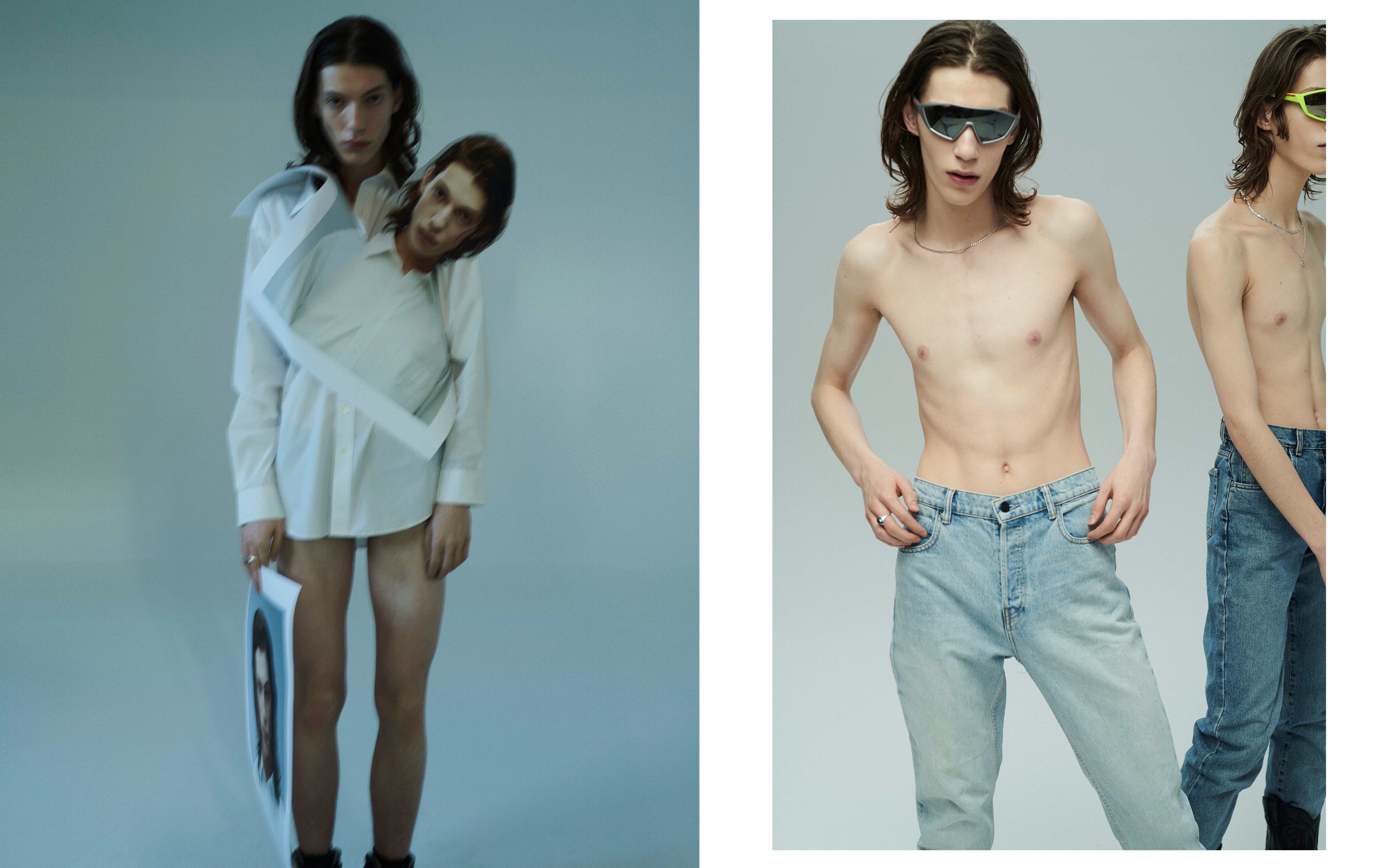 Vlevo: košile, BALMAIN; boty, T34. Vpravo: Oskar: džíny, ALEXANDER WANG; brýle, PRADA. Kacper: džíny, CALVIN KLEIN; brýle, PRADA, boty, JOE SANCHEZ. Vlevo: košile, BALMAIN; boty, T34. Vpravo: Oskar: džíny, ALEXANDER WANG; brýle, PRADA. Kacper: džíny, CALVIN KLEIN; brýle, PRADA, boty, JOE SANCHEZ.