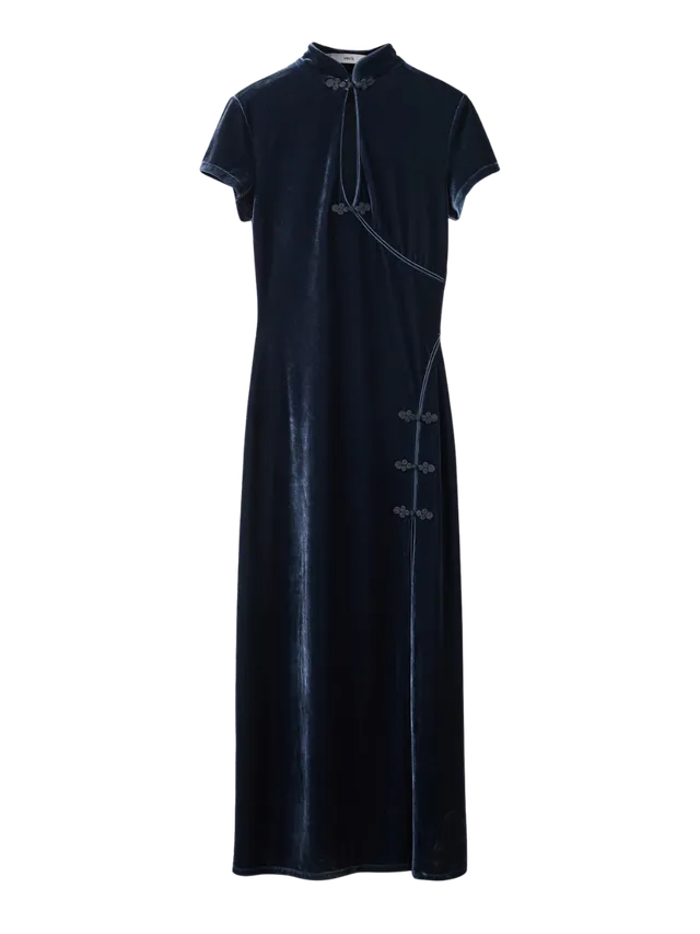 Sametové šaty s rozparkem a zapínáním na knoflíky s poutky, MANGO, 999 Kč