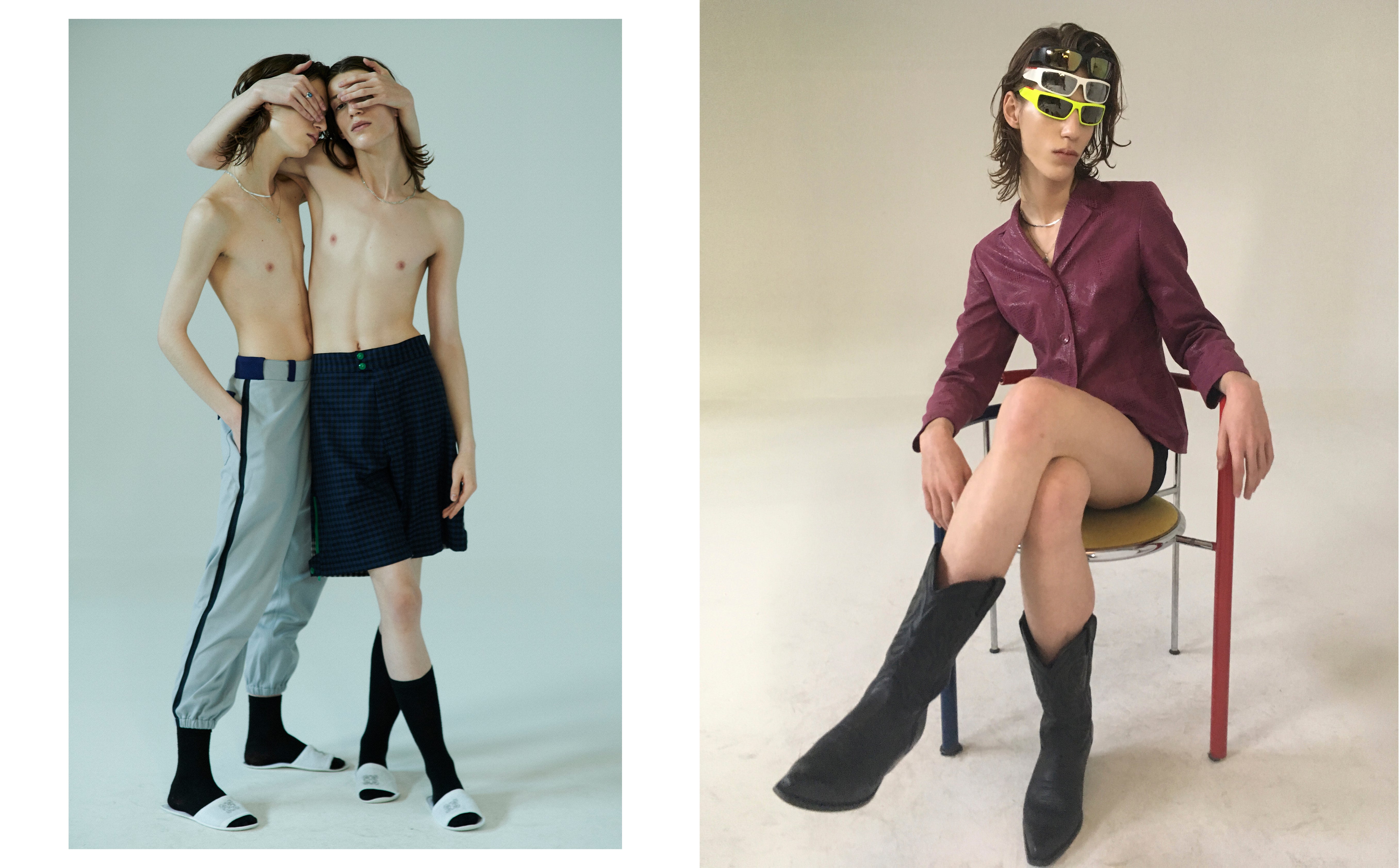 Vlevo: kalhoty, šortky, obojí MARNI; prsten, řetízek, obojí VINTAGE. Vpravo: sako, VINTAGE; brýle, PRADA; boty, JOE SANCHEZ. Vlevo: kalhoty, šortky, obojí MARNI; prsten, řetízek, obojí VINTAGE. Vpravo: sako, VINTAGE; brýle, PRADA; boty, JOE SANCHEZ.