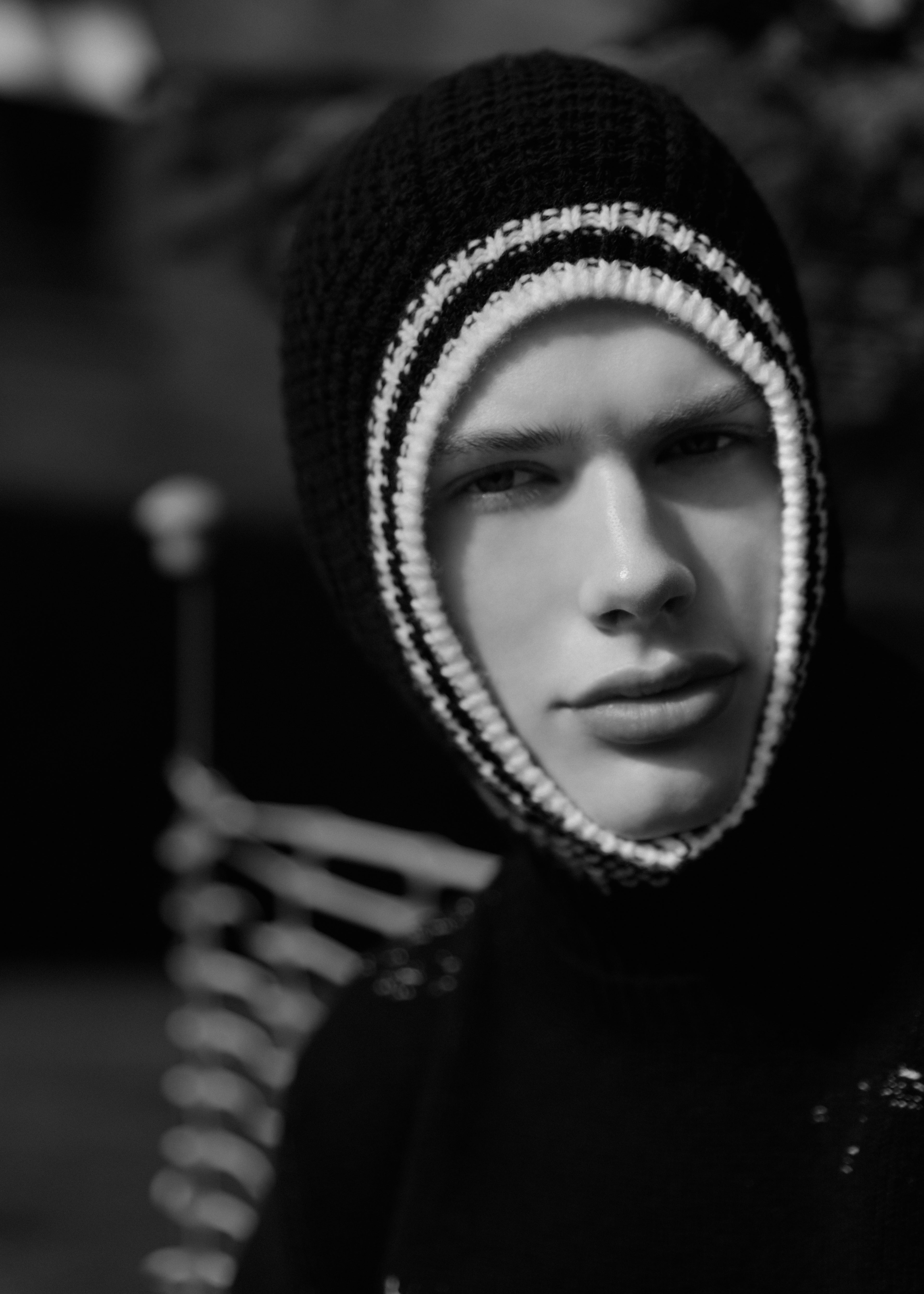 Sweater, pants, MISBHV; head piece, MONCLER; shoes, Kenzo.