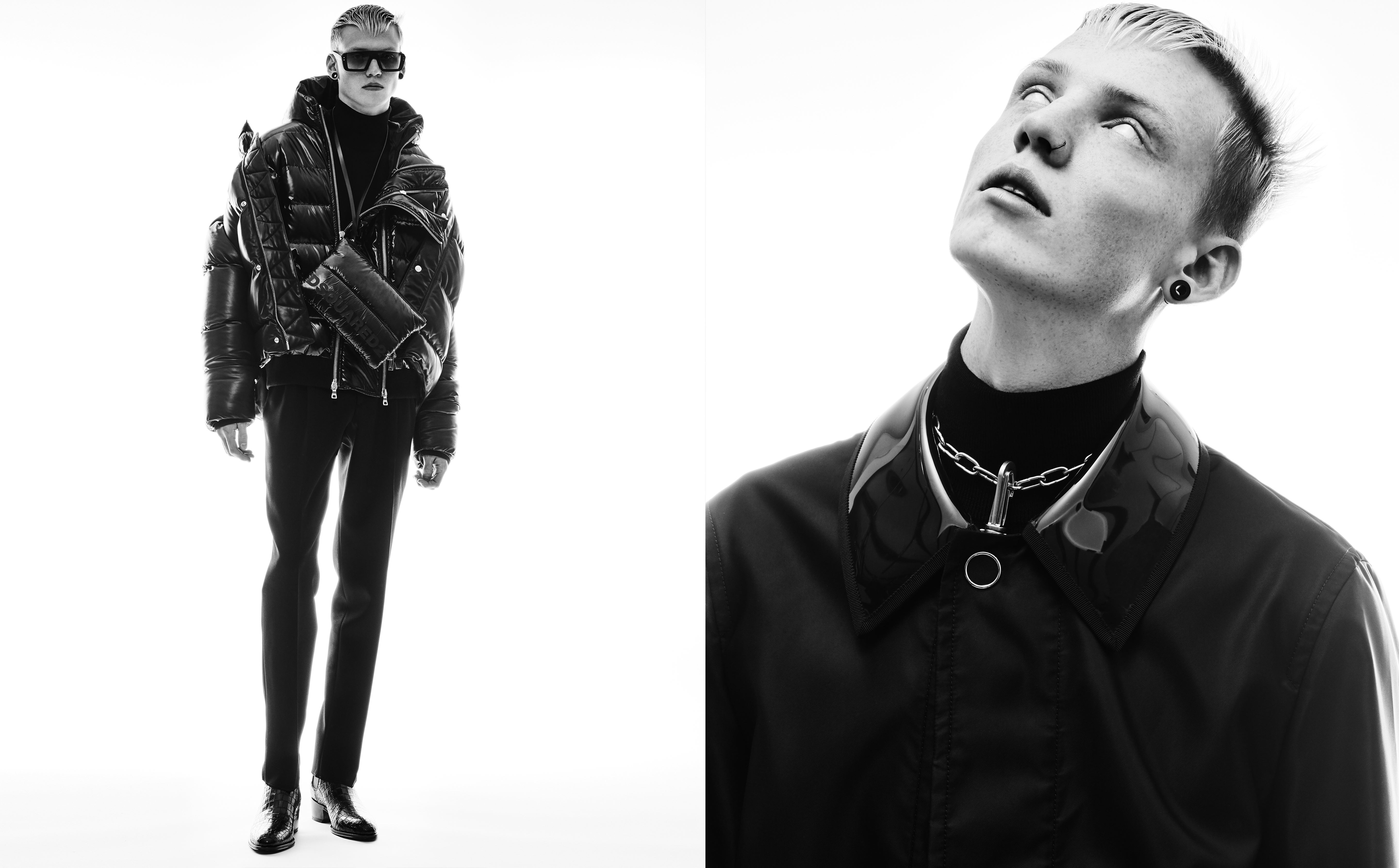 Vlevo: _ rolák, Dsquared2; bunda, Balmain; bunda, Dsquared2; kalhoty, Alexander McQueen; sluneční brýle, Diesel; boty, Giuseppe Zanotti; ledvinka, Dsquared2. Vpravo: rolák, Dsquared2; kabát, Burberry; řetězec_, Diesel. Vlevo: _ rolák, Dsquared2; bunda, Balmain; bunda, Dsquared2; kalhoty, Alexander McQueen; sluneční brýle, Diesel; boty, Giuseppe Zanotti; ledvinka, Dsquared2. Vpravo: rolák, Dsquared2; kabát, Burberry; řetězec_, Diesel.