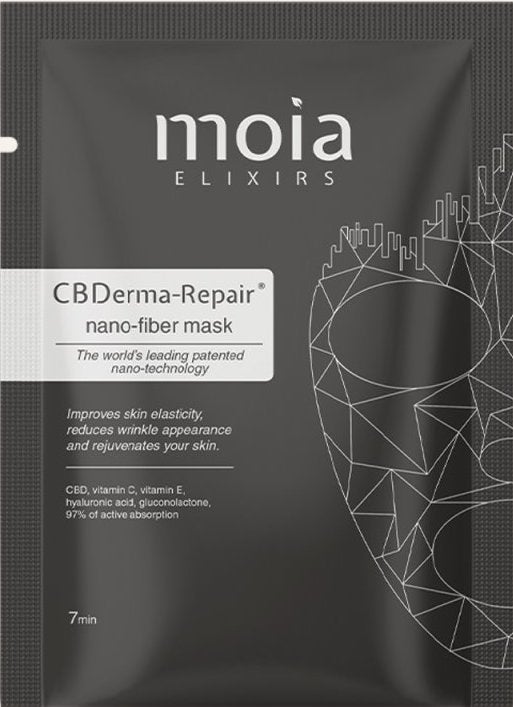 Suchá pleťová maska z nanovláken s CBD, vitaminy C a E a kyselinou hyaluronovou, MOIA ELIXIRS, prodává Moiaelixirs.cz, 295 Kč