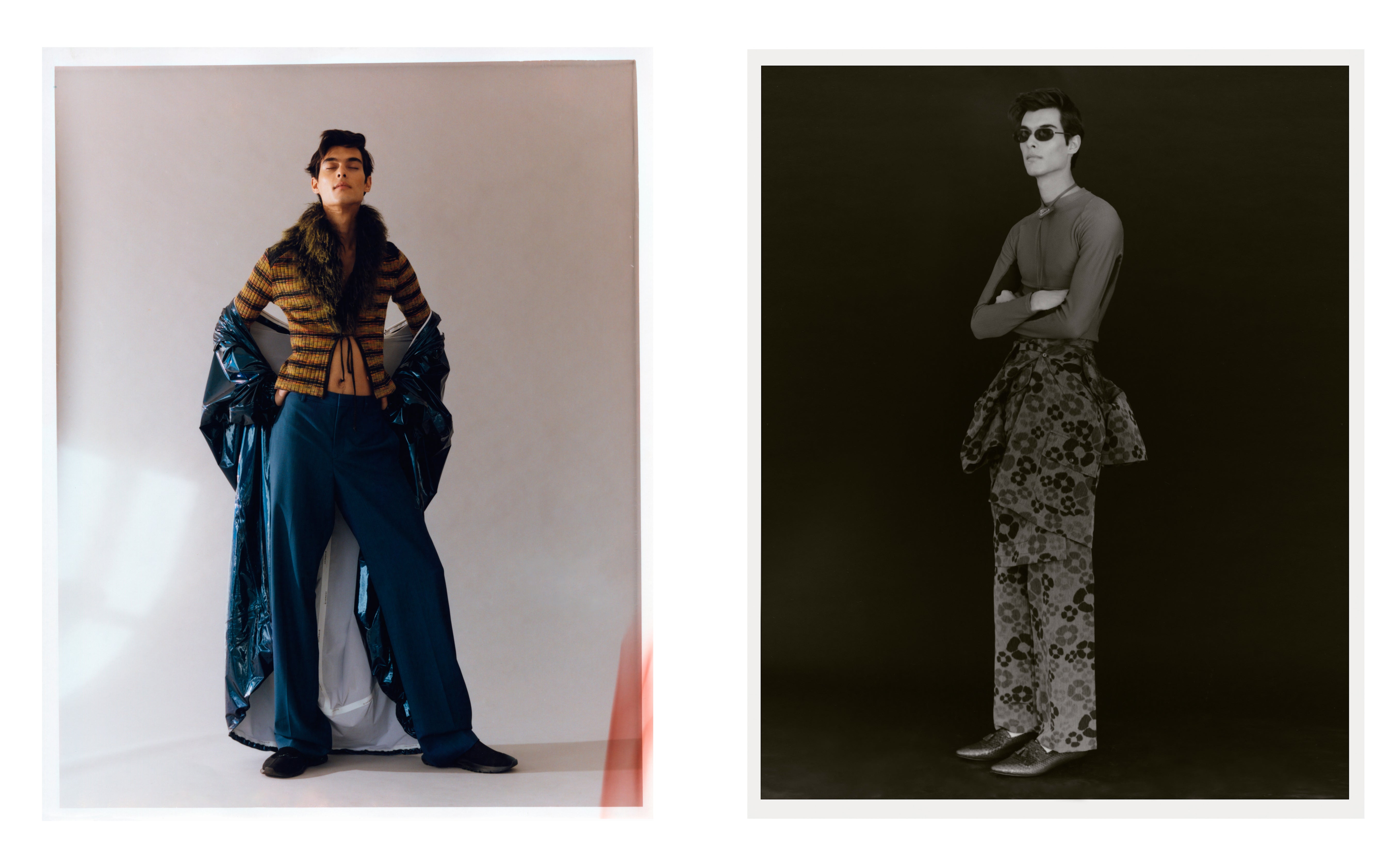 Vlevo: kabát, kalhoty, boty, vše Givenchy; svetr, Plein Sud. Vpravo: top, Givenchy; oblek, Marni; boty, Celine; náhrdelník, Prada; sluneční brýle, Chanel. Vlevo: kabát, kalhoty, boty, vše Givenchy; svetr, Plein Sud. Vpravo: top, Givenchy; oblek, Marni; boty, Celine; náhrdelník, Prada; sluneční brýle, Chanel.