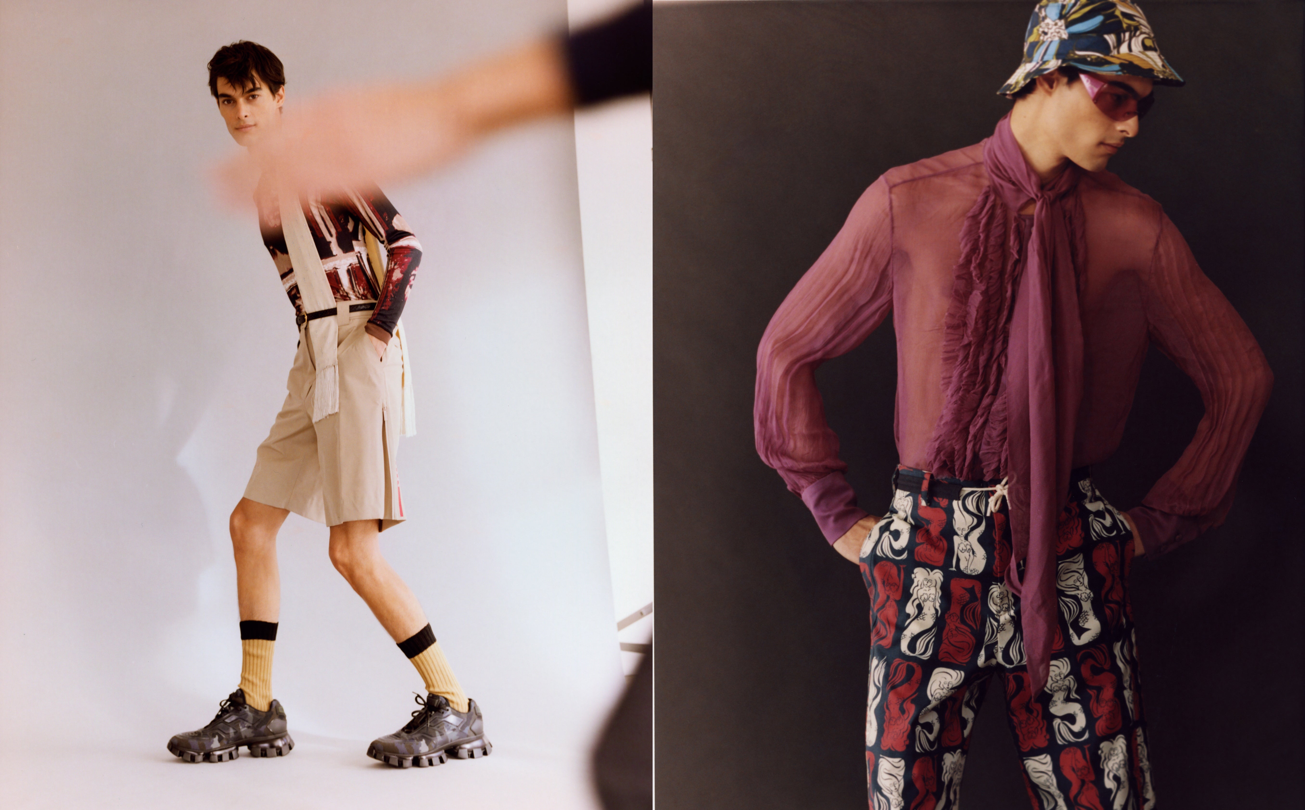 Vlevo: triko s dlouhým rukávem, Jean Paul Gaultier, šortky, boty, ponožky, vše Prada; pásek, šátek, obojí Celine. Vpravo: košile, Palomo Spain; kalhoty, Kenzo; boty, Celine; čepice, Dolce & Gabbana; sluneční brýle, Dior. Vlevo: triko s dlouhým rukávem, Jean Paul Gaultier, šortky, boty, ponožky, vše Prada; pásek, šátek, obojí Celine. Vpravo: košile, Palomo Spain; kalhoty, Kenzo; boty, Celine; čepice, Dolce & Gabbana; sluneční brýle, Dior.