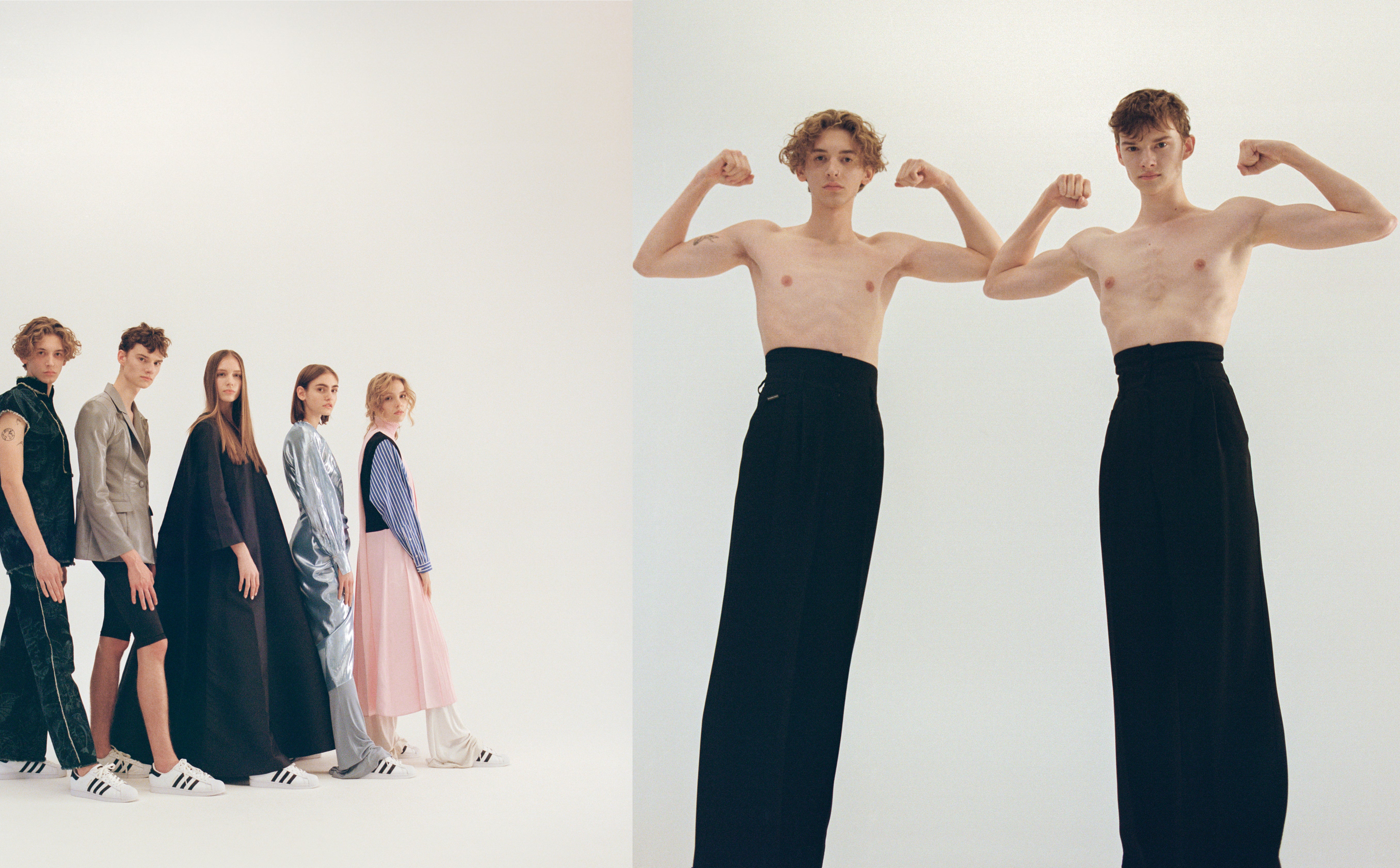 Vlevo: Jakub, kalhoty, vesta, obojí Dior; tenisky, adidas Superstar. Matěj, sako, Laformela; kalhoty, Nehera; tenisky, adidas Superstar. Karolina, šaty, Dior; tenisky, adidas Superstar. Adéla, šaty, kalhoty, obojí Laformela; tenisky, adidas Superstar. Andrea, šaty, Prada; tenisky, adidas Superstar. Vpravo: kalhoty, obojí Dolce & Gabbana. Vlevo: Jakub, kalhoty, vesta, obojí Dior; tenisky, adidas Superstar. Matěj, sako, Laformela; kalhoty, Nehera; tenisky, adidas Superstar. Karolina, šaty, Dior; tenisky, adidas Superstar. Adéla, šaty, kalhoty, obojí Laformela; tenisky, adidas Superstar. Andrea, šaty, Prada; tenisky, adidas Superstar. Vpravo: kalhoty, obojí Dolce & Gabbana.