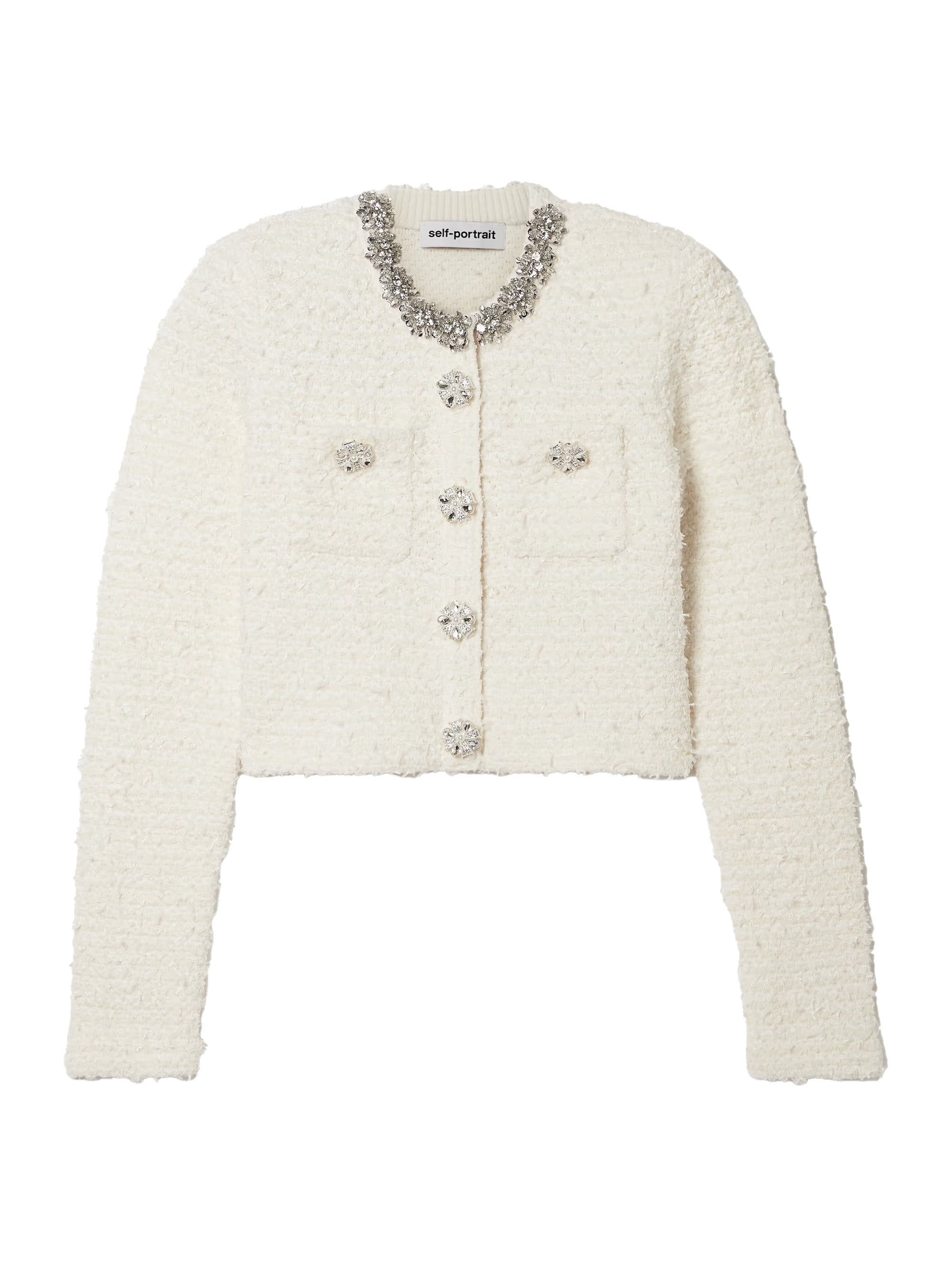 Kardigan zdobený kamínkovými detaily z bavlněné buklé směsi, SELF-PORTRAIT, 475 €