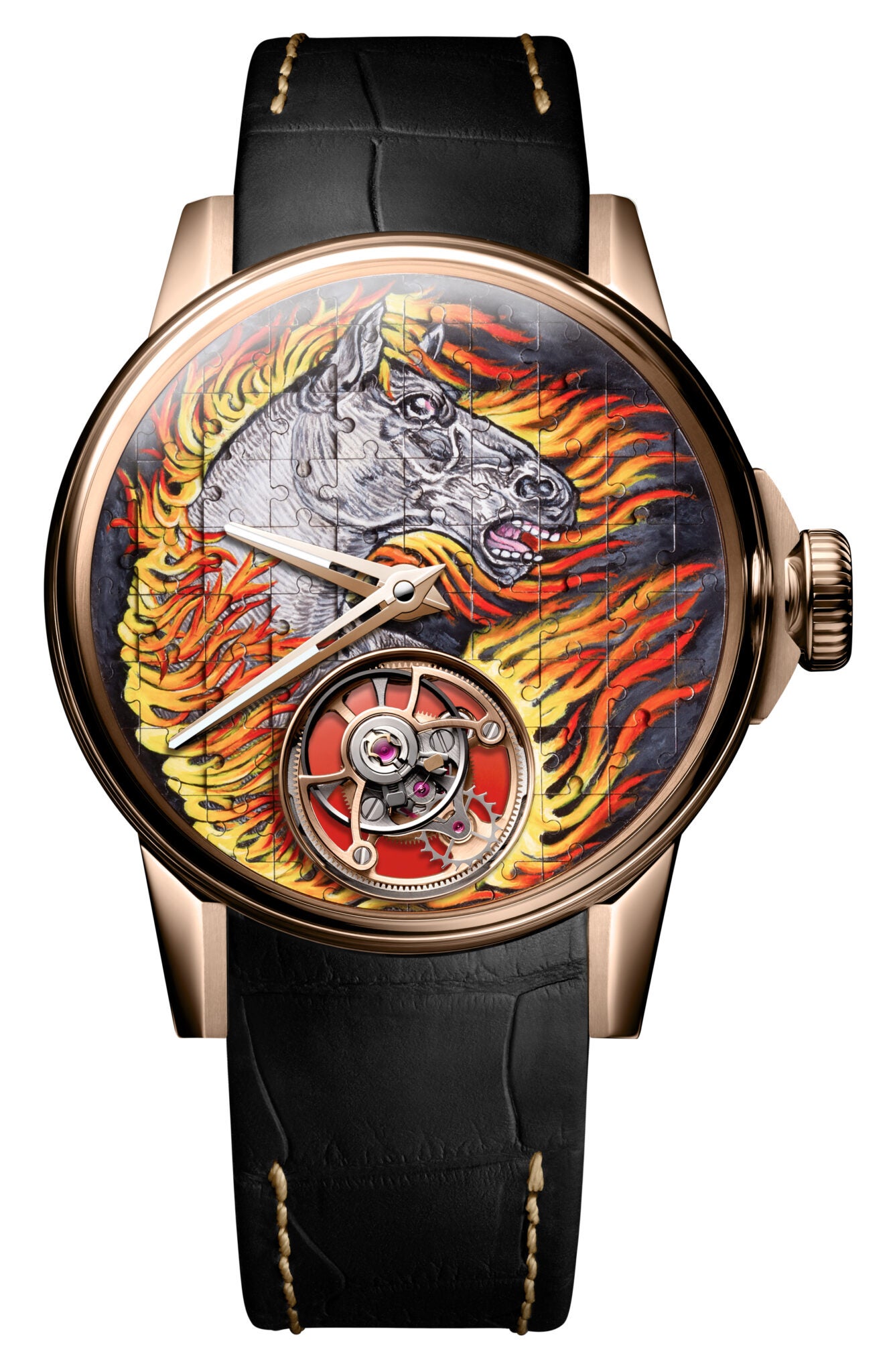 Mechanické hodinky Tourbillon Puzzle Fire Horse, LOUIS MONET, s ručním nátahem v pouzdře z 18kt růžového zlata. Mají mimostředný tourbillon, ručně malovaný číselník a rezervu chodu 96 hodin. Vyrobeno v jediném kuse.