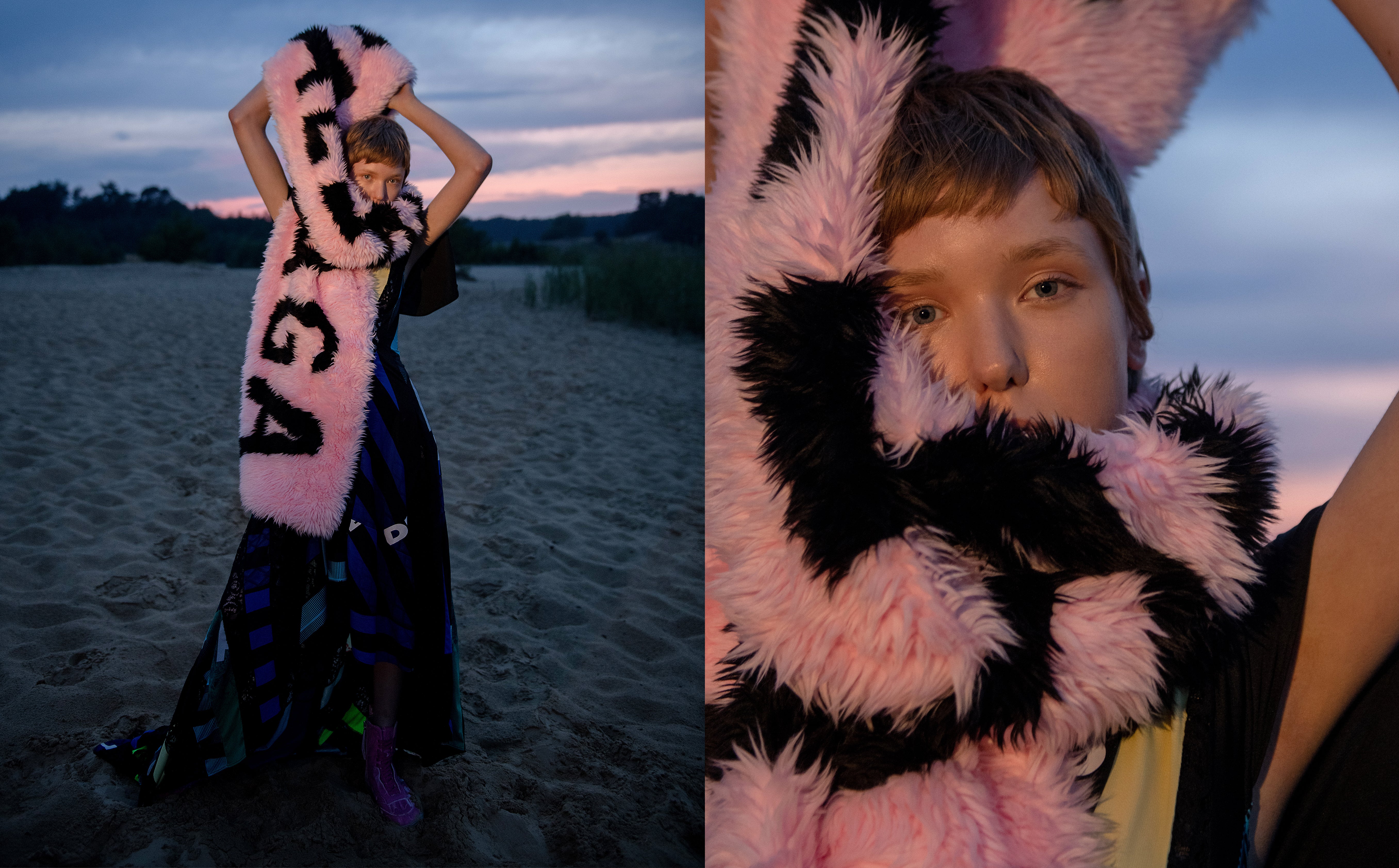 Šaty, Koché; šála, Balenciaga; boty, Rombaut. Šaty, Koché; šála, Balenciaga; boty, Rombaut.