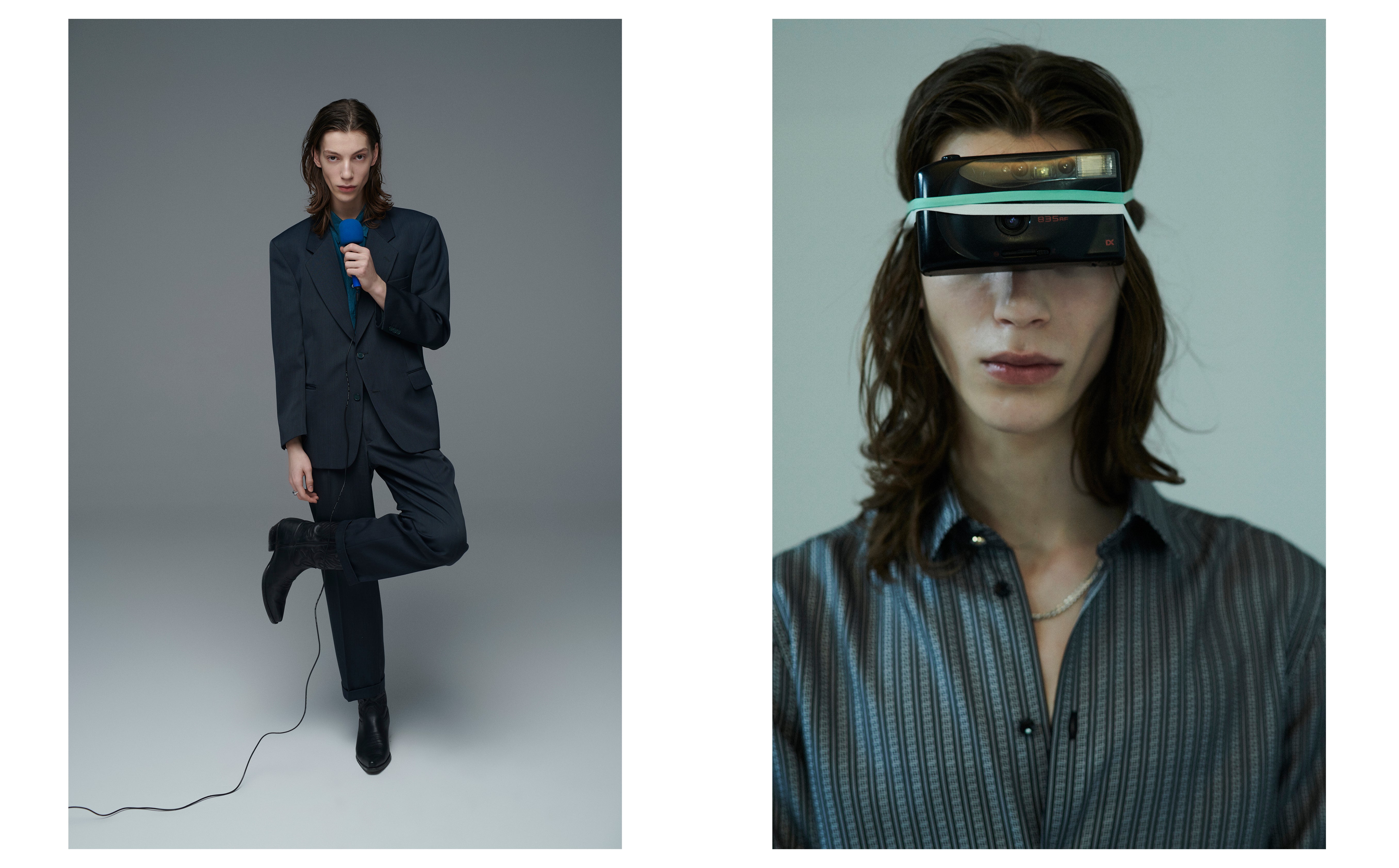 Vlevo: košile, sako, kalhoty, VINTAGE; boty, JOE SANCHEZ. Vpravo: košile, VERSACE. Vlevo: košile, sako, kalhoty, VINTAGE; boty, JOE SANCHEZ. Vpravo: košile, VERSACE.